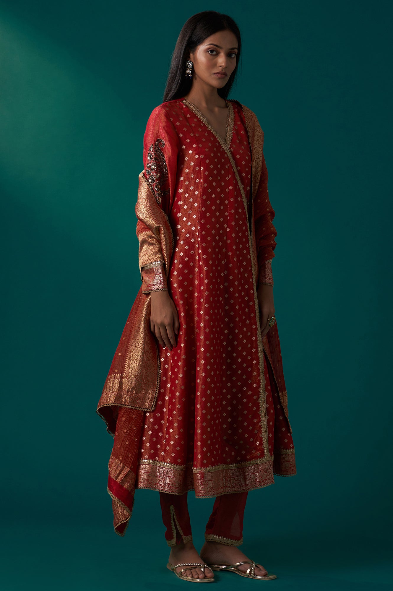 Red Embroidered Tissue Jacquard Angarkha Kurta with Pant and Dupatta Set
