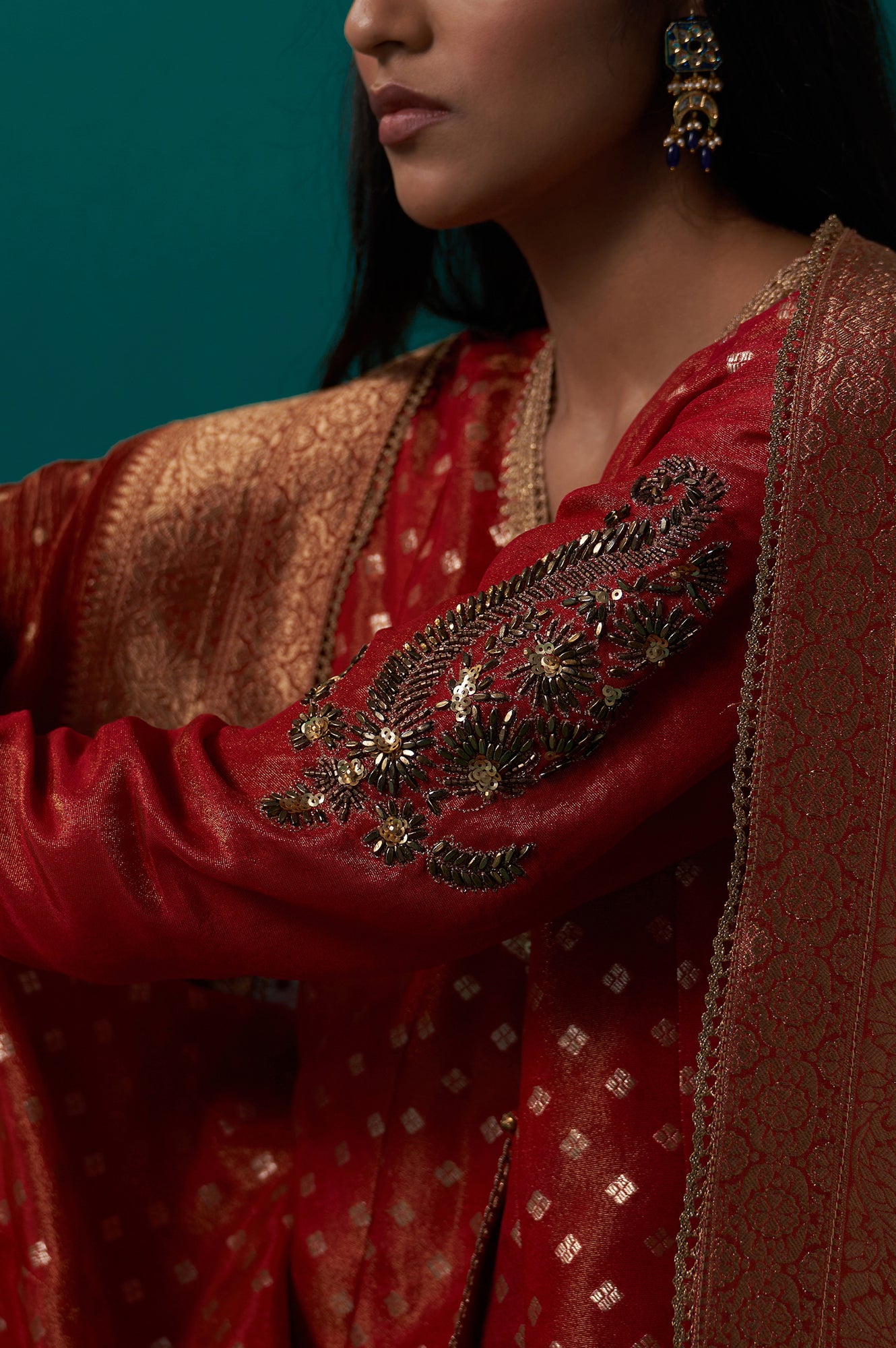Red Embroidered Tissue Jacquard Angarkha Kurta with Pant and Dupatta Set