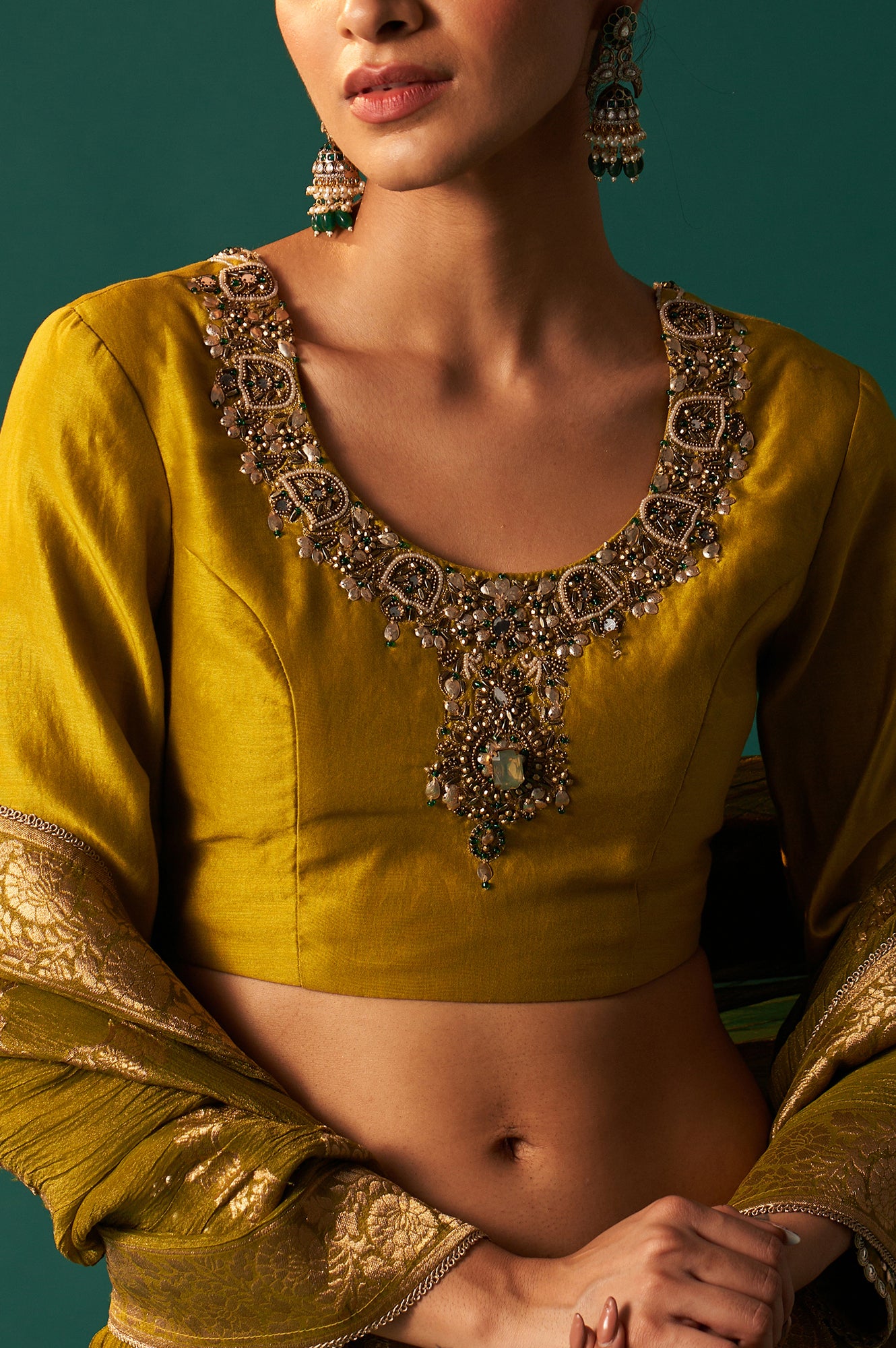 Green Embroidered Flared Cotton Blouse with Skirt and Dupatta Set