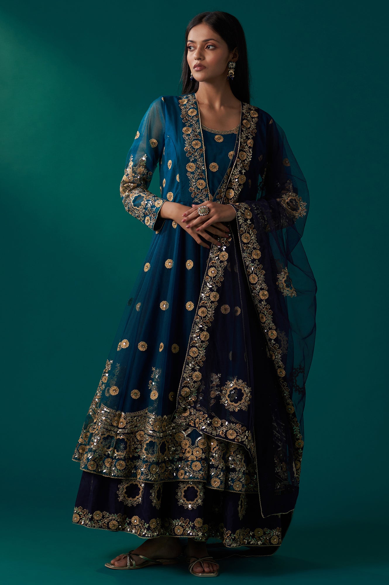 Blue Embroidered Zardozi Anarkali Kurta with Churidar and Dupatta Set Blue Embroidered Zardozi Anarkali Kurta with Churidar and Dupatta Set
