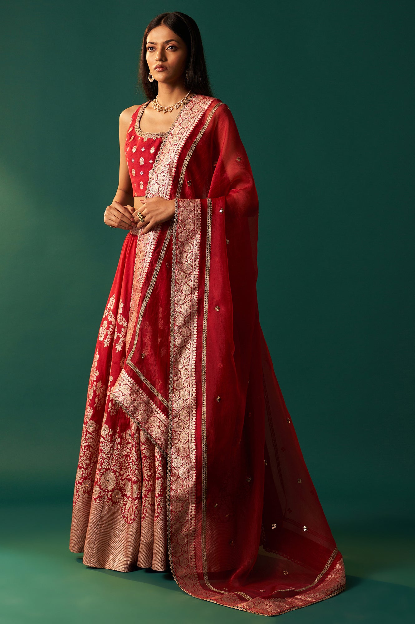 Red Zari Embroidered Jacquard Blouse with Flared Skirt and Dupatta Set
