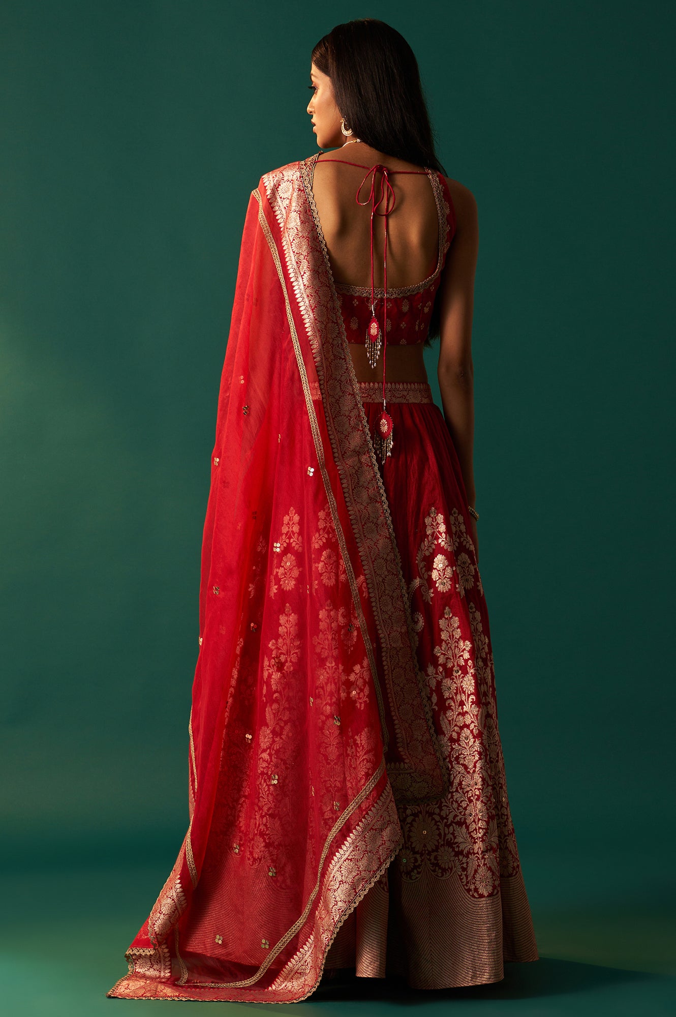 Red Zari Embroidered Jacquard Blouse with Flared Skirt and Dupatta Set