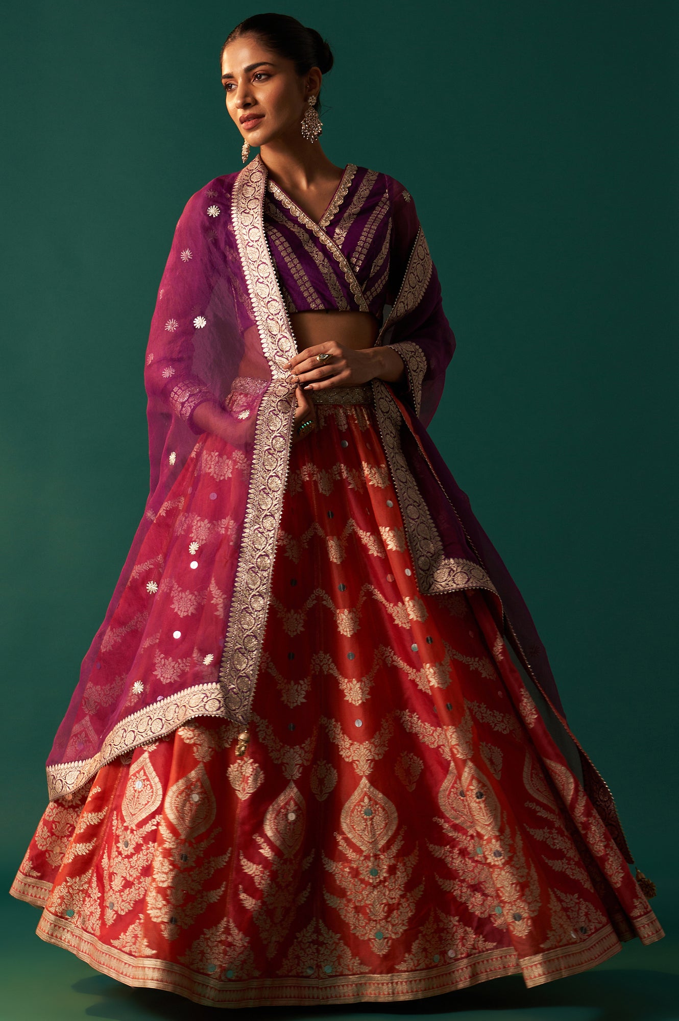 Purple Zari Embroidered Jacquard Blouse with Flared Skirt and Dupatta Set