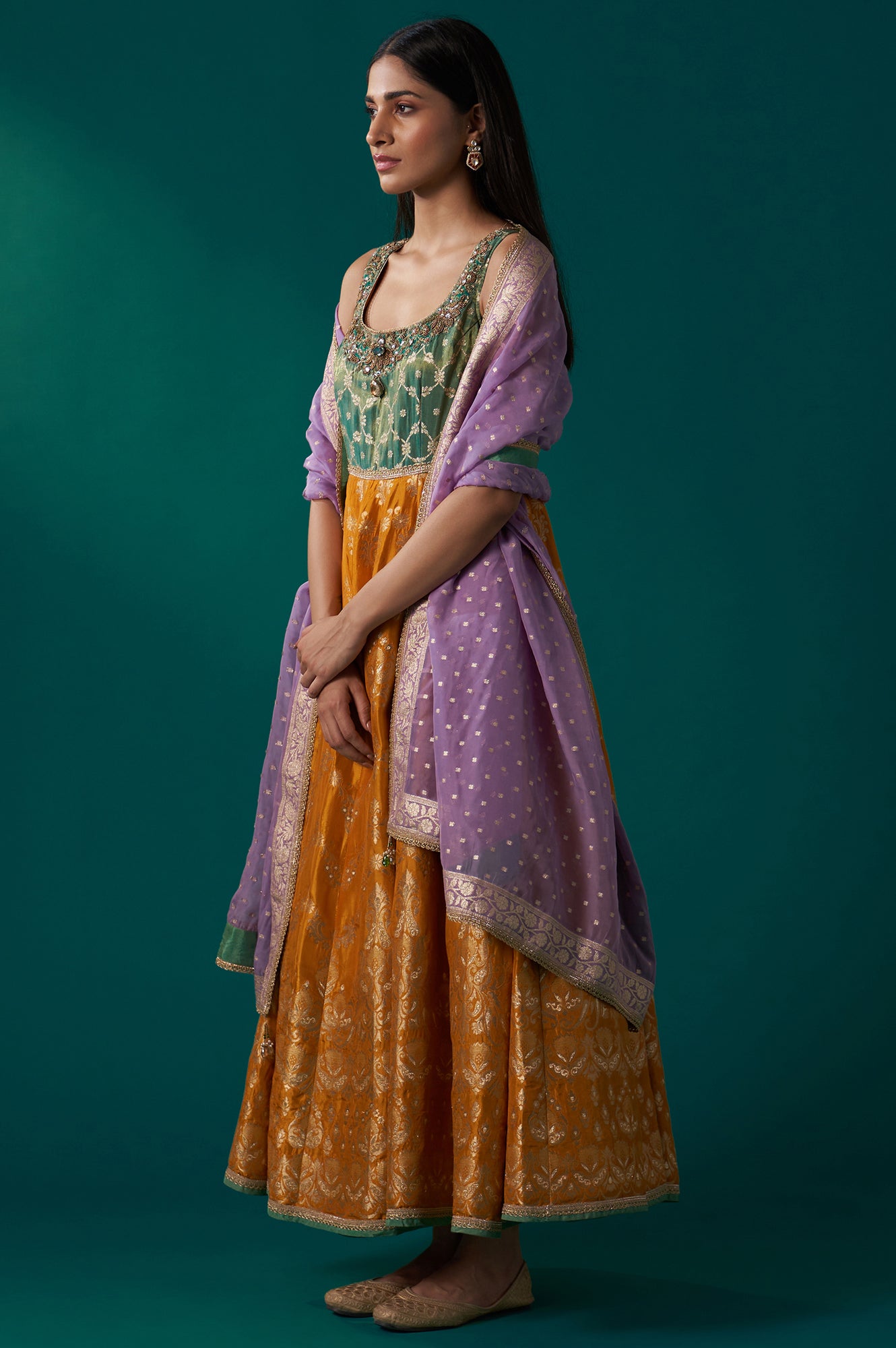 Yellow and Green Zardozi Embroidered Jacquard Anarkali Kurta with Churidar and Dupatta Set