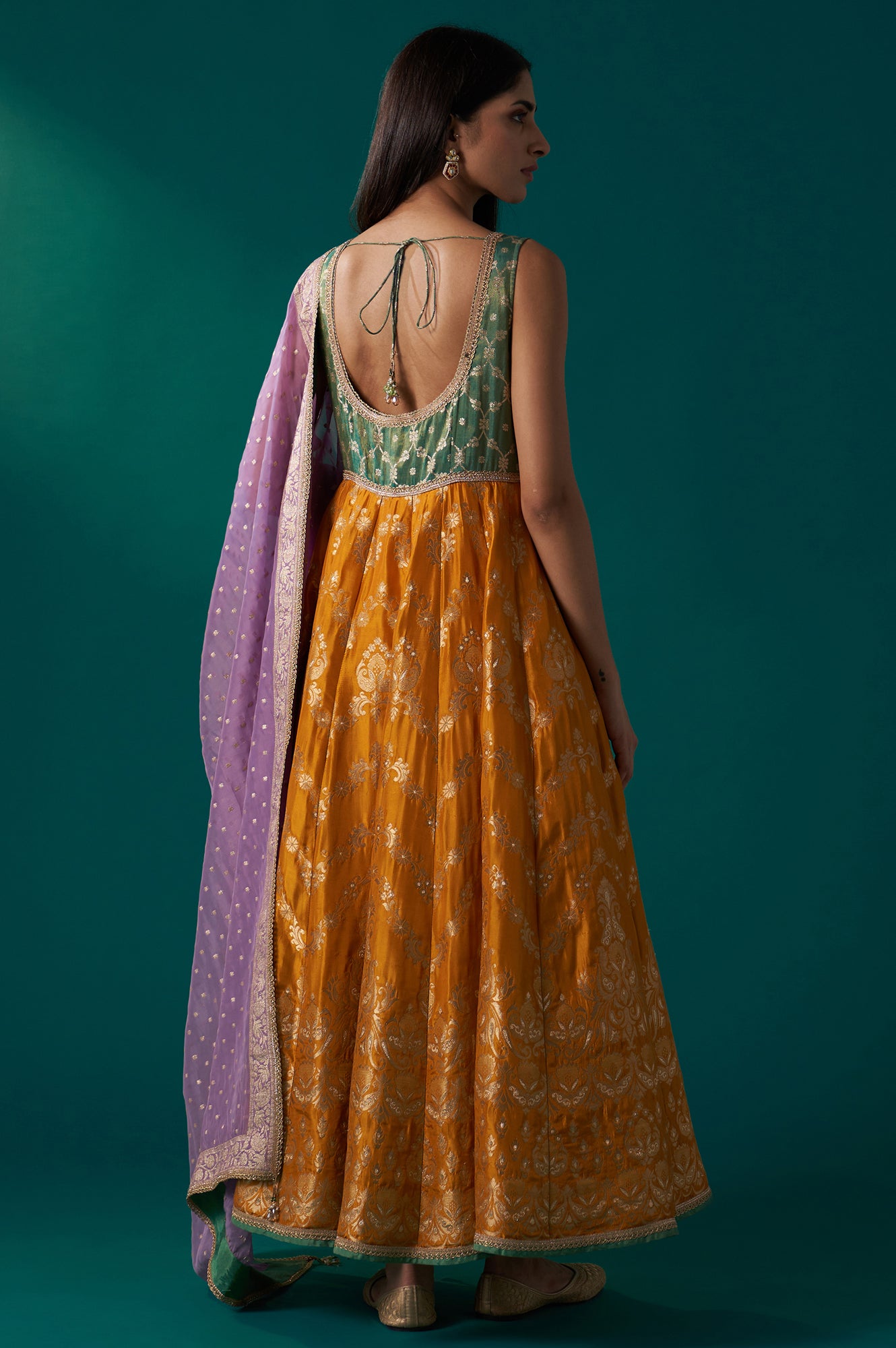 Yellow and Green Zardozi Embroidered Jacquard Anarkali Kurta with Churidar and Dupatta Set