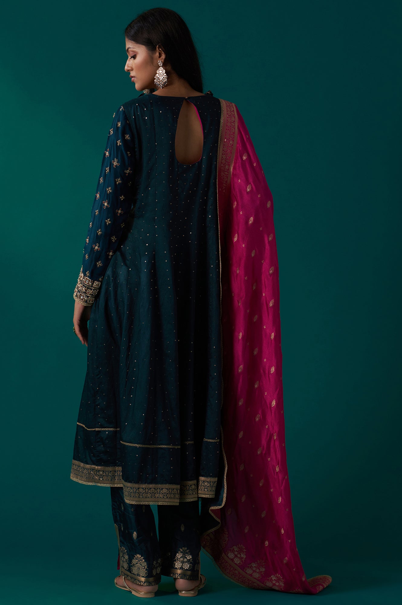 Teal Green Heavy Embroidered Sequined Anarkali Kurta with Straight Pant and Dupatta Set