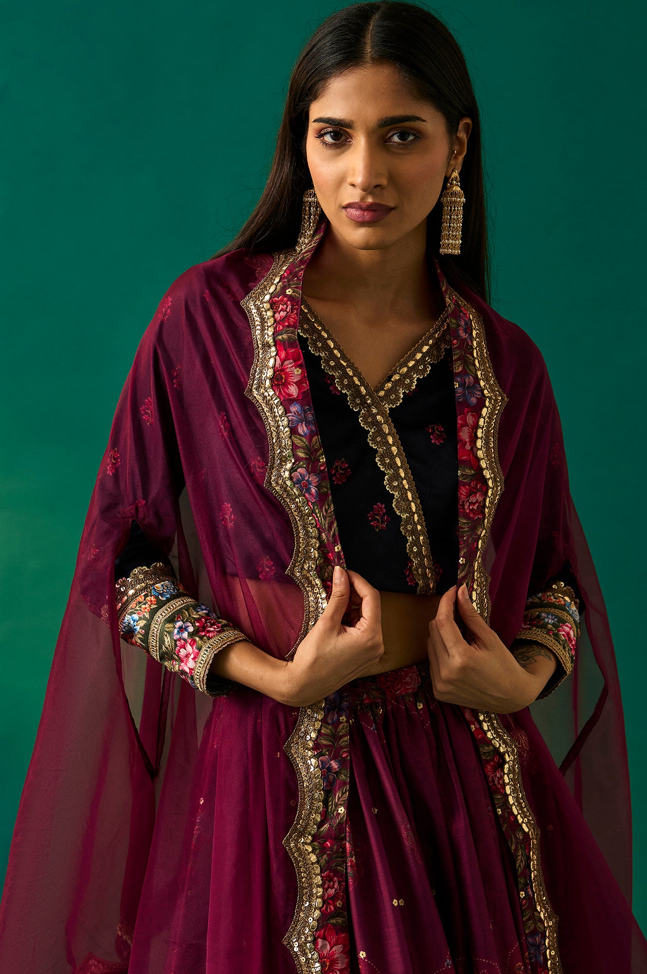 Purple Floral Embroidered Winter Velvet Blouse with Skirt and Dupatta Set