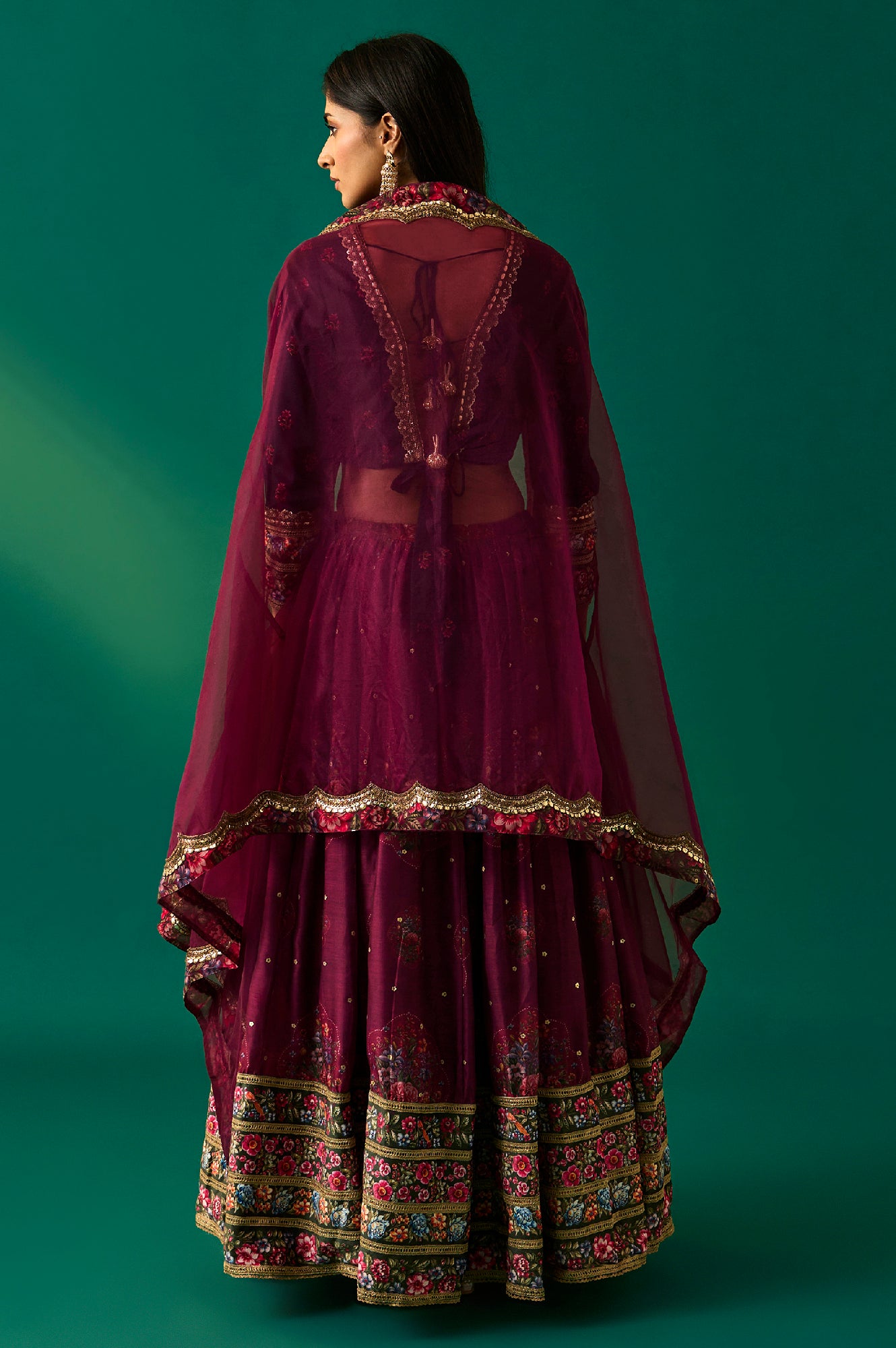 Purple Floral Embroidered Winter Velvet Blouse with Skirt and Dupatta Set