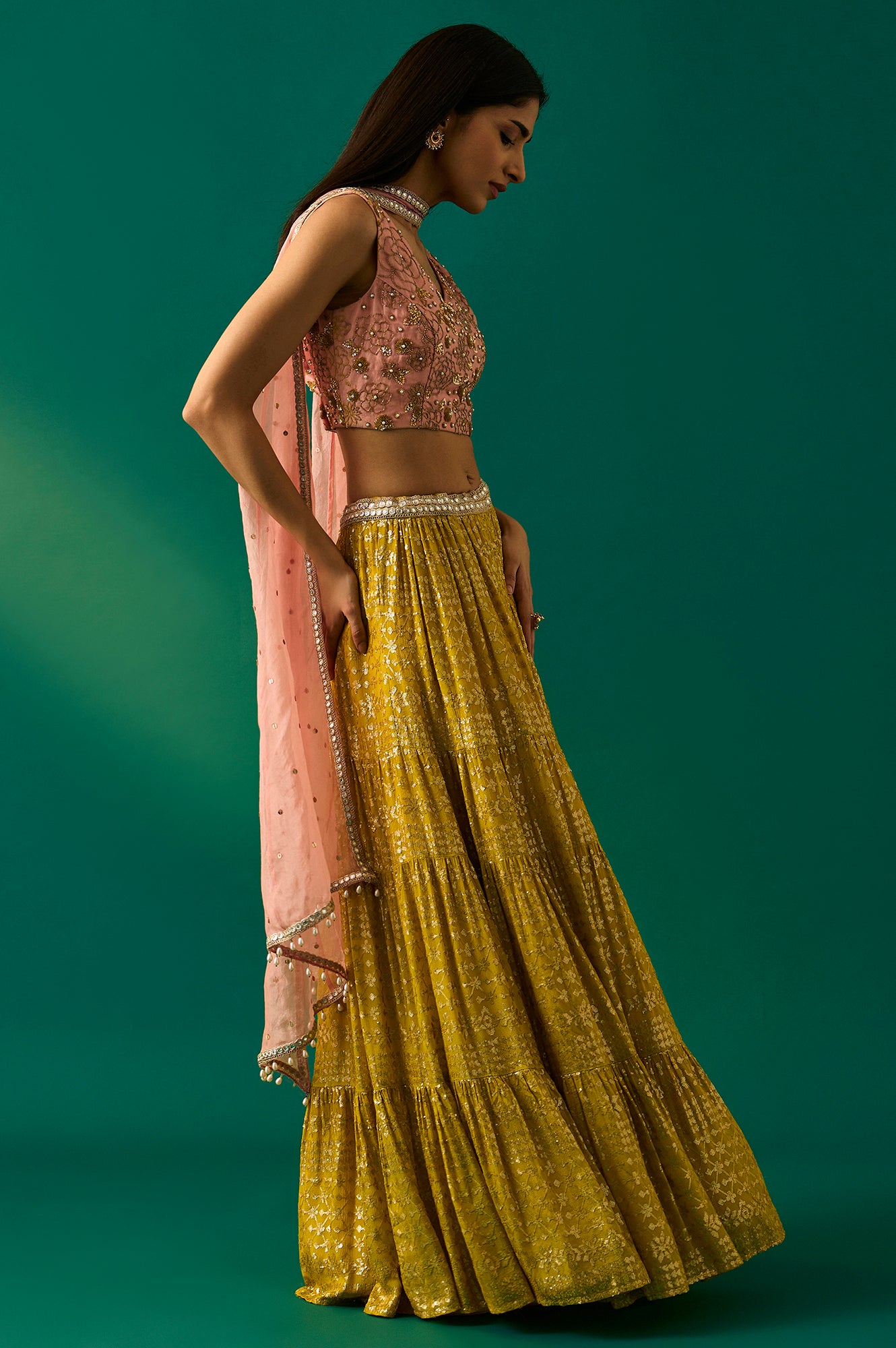 Pink Embroidered Straight Cut Blouse with Skirt and Dupatta Set