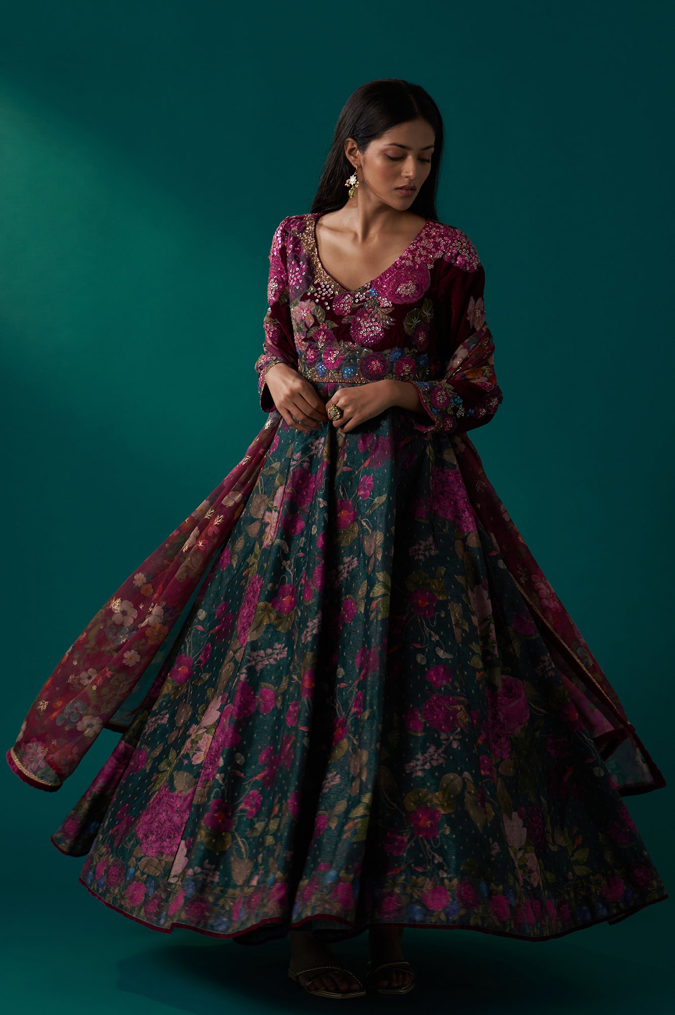 Green Floral Printed Sequined Yoke Festive Anarkali Dress with Churidar and Dupatta Set