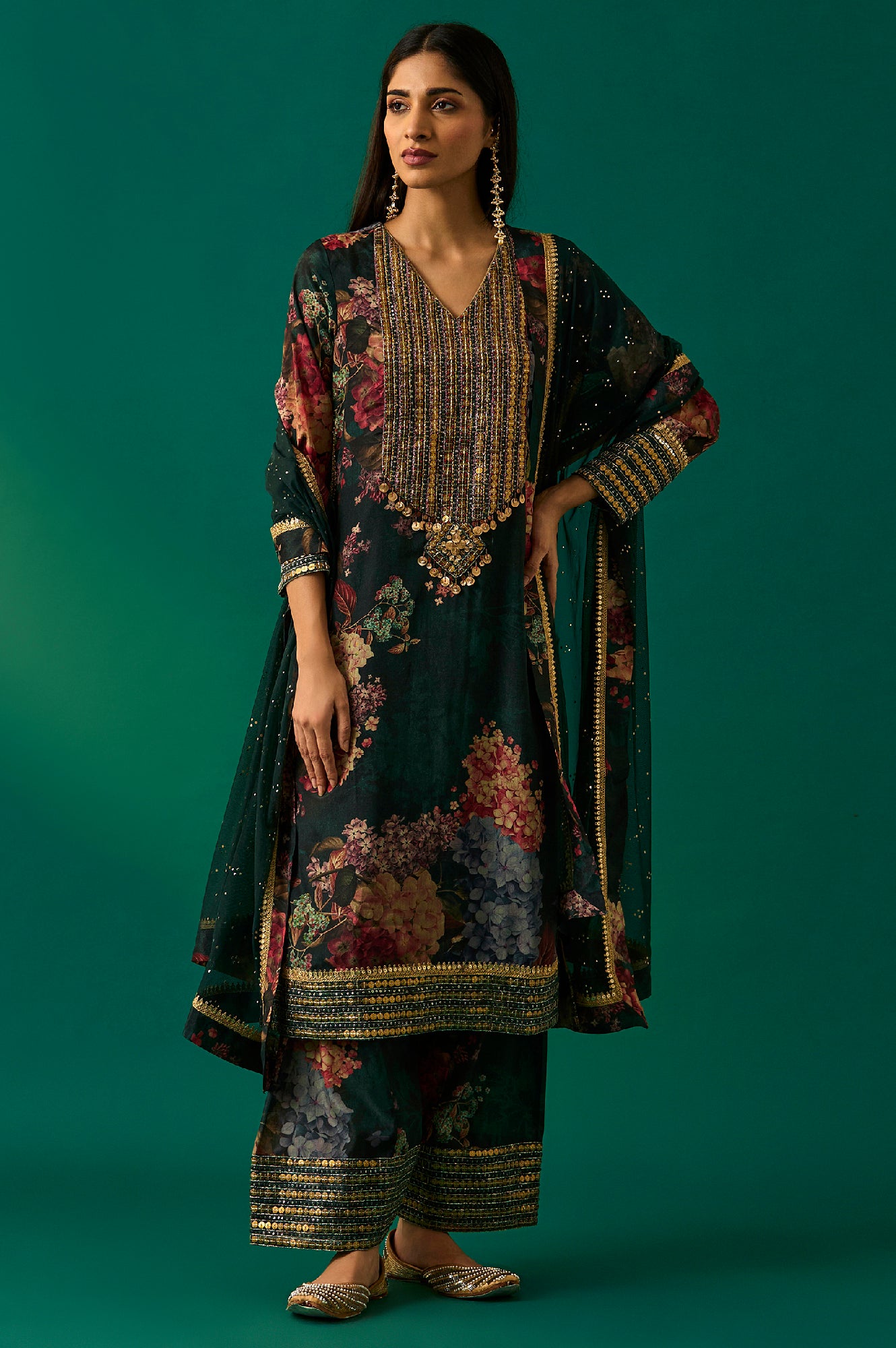 Green Floral Printed Embellished Straight Kurta with Salwar and Dupatta Set