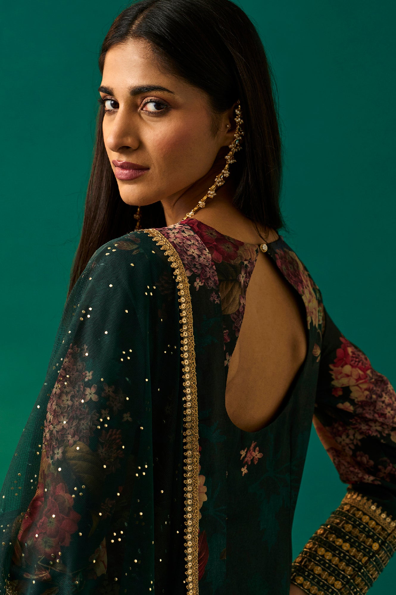 Green Floral Printed Embellished Straight Kurta with Salwar and Dupatta Set