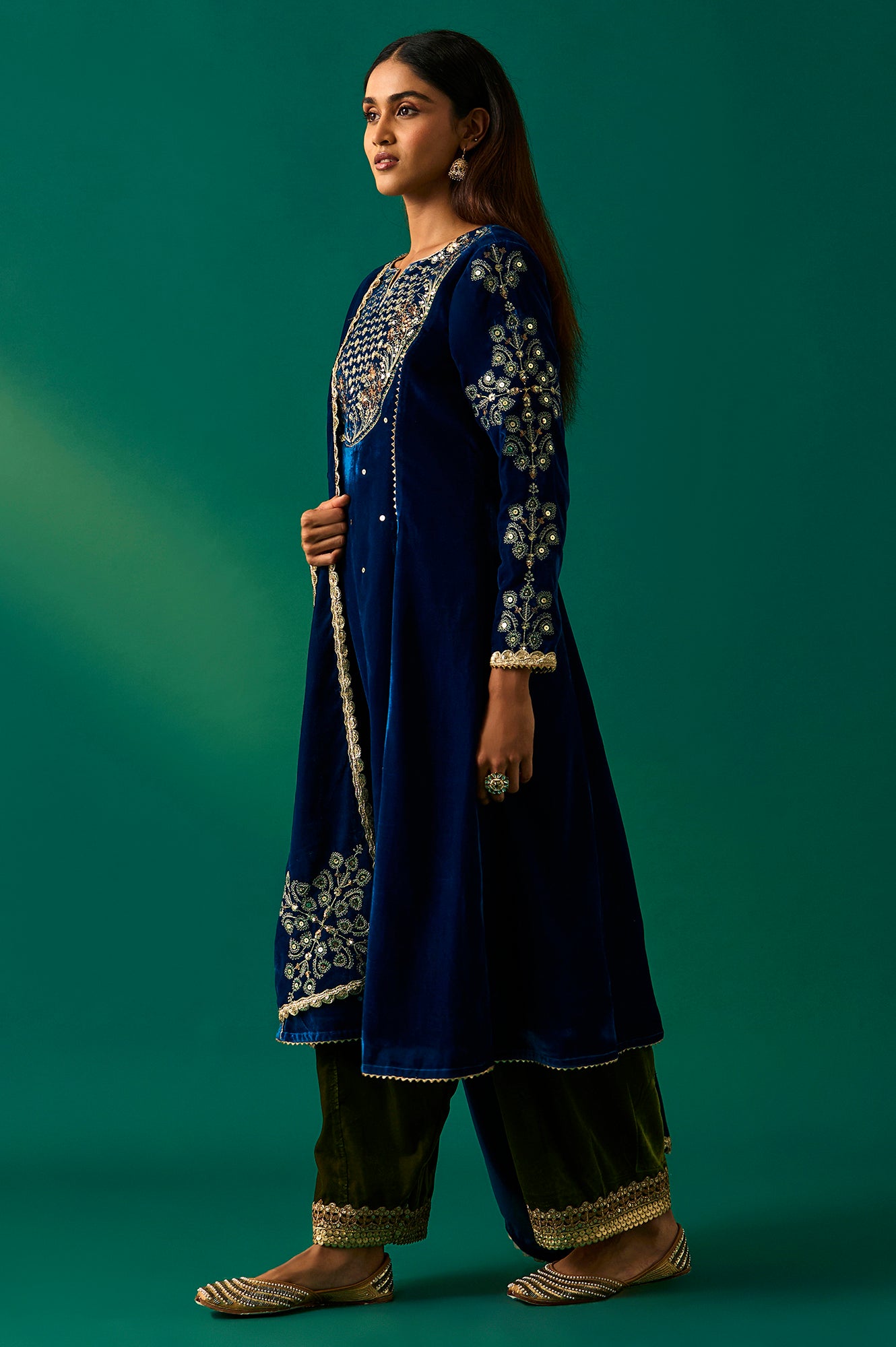 Blue Embroidered Anarkali Velvet Kurta with Salwar and Dupatta Set