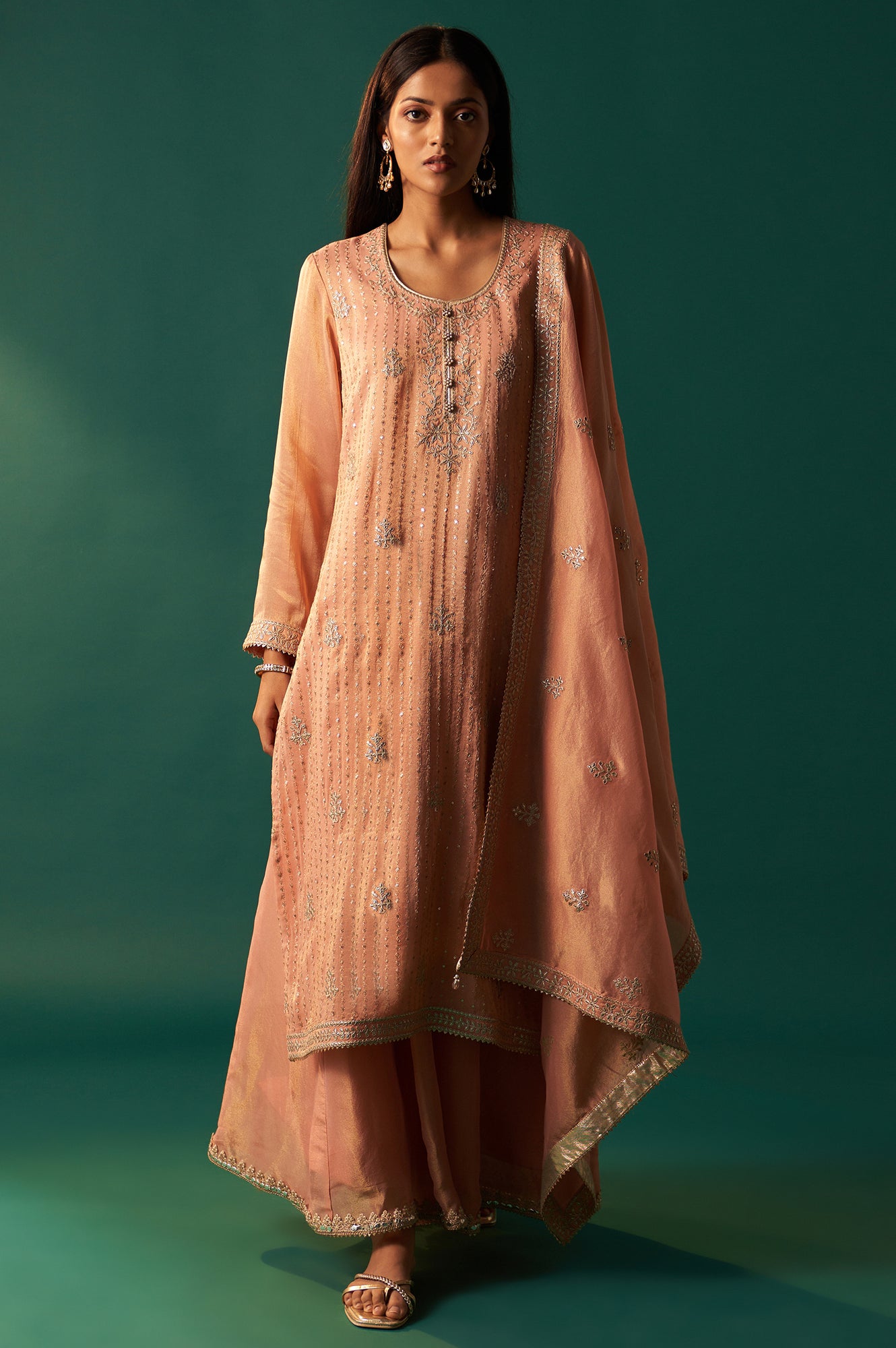 Pink Dori Embroidered Straight Tissue Organza Kurta with Culotte and Dupatta Set