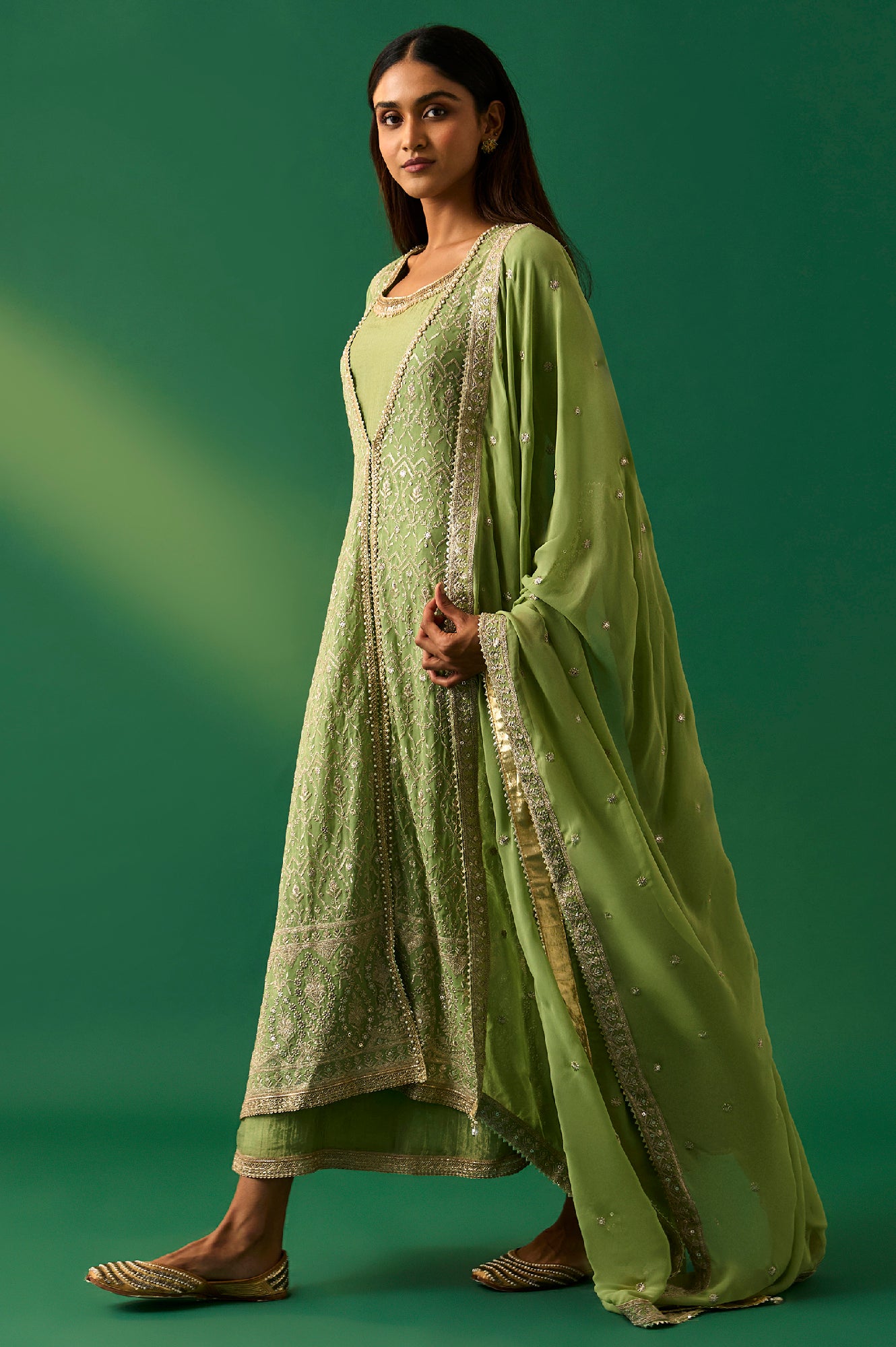 Green Embroidered Anarkali Dress with Churidar and Dupatta Set