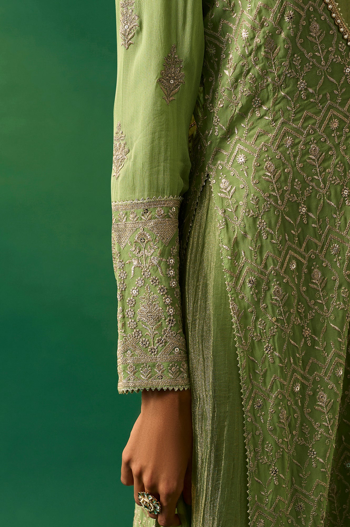 Green Embroidered Anarkali Dress with Churidar and Dupatta Set