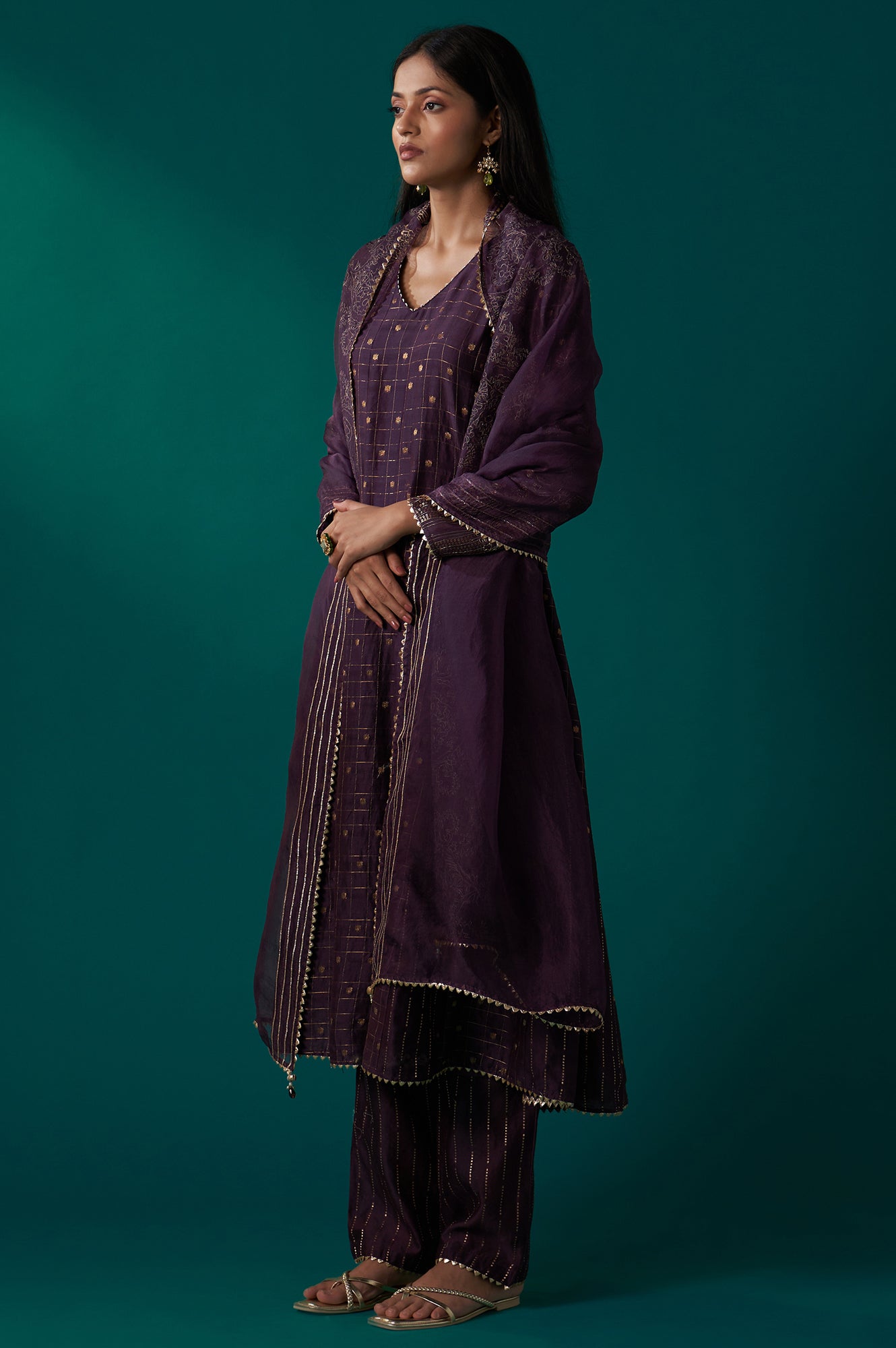 Purple Embellished Dotted Jacquard Flared Kurta with Pants and Dupatta Set