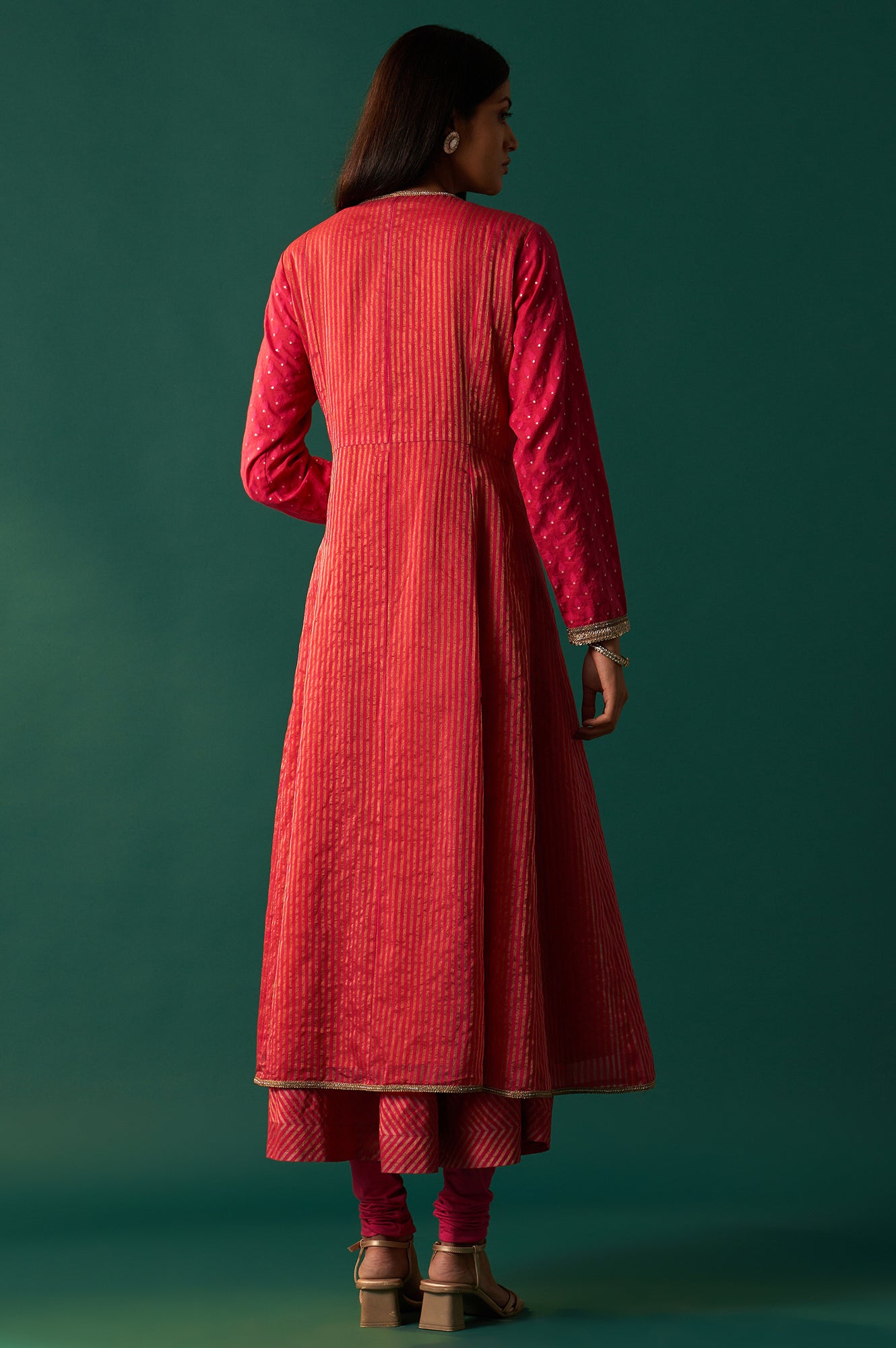 Orange Embroidered Flared Shantung Dress with Jacket Set
