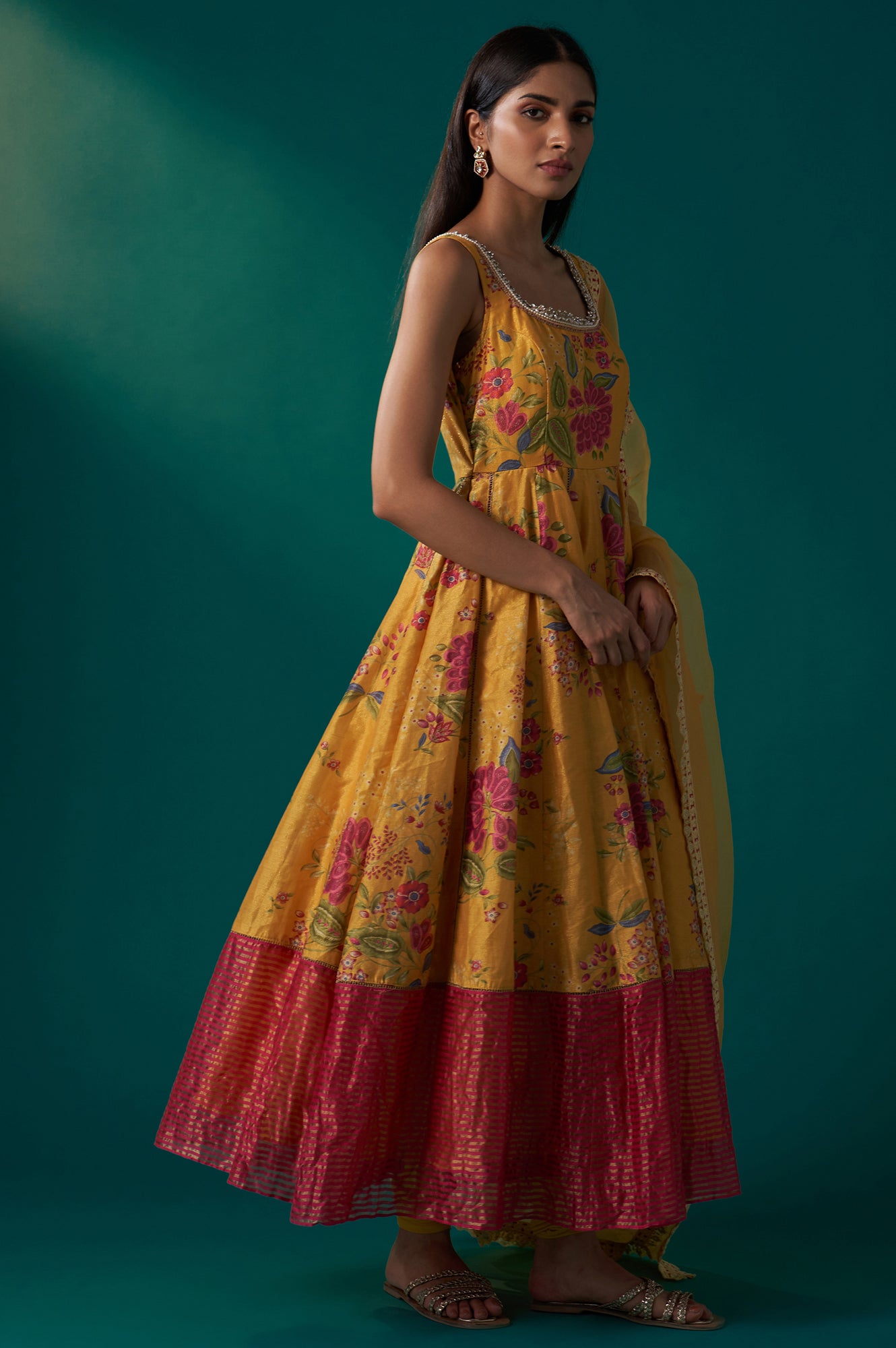 Yellow Floral Print Embroidered Anarkali Tissue Kurta with Churidar and Dupatta Set