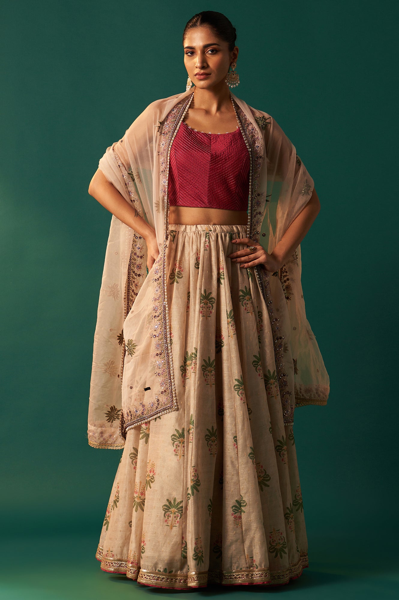 Pink Bead Work Pintuck Blouse with Jacquard Skirt and Dupatta Set