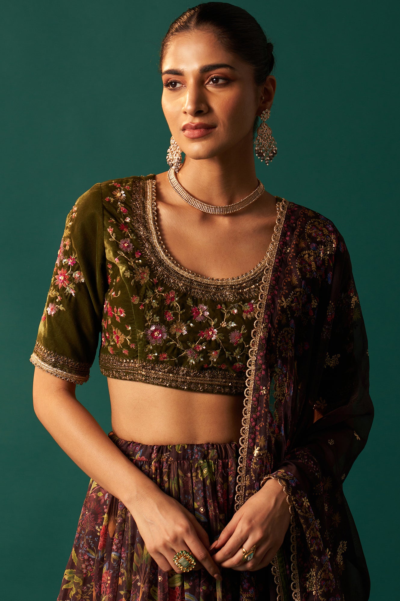 Green Embroidered Velvet Blouse with Floral Printed Skirt and Dupatta Set