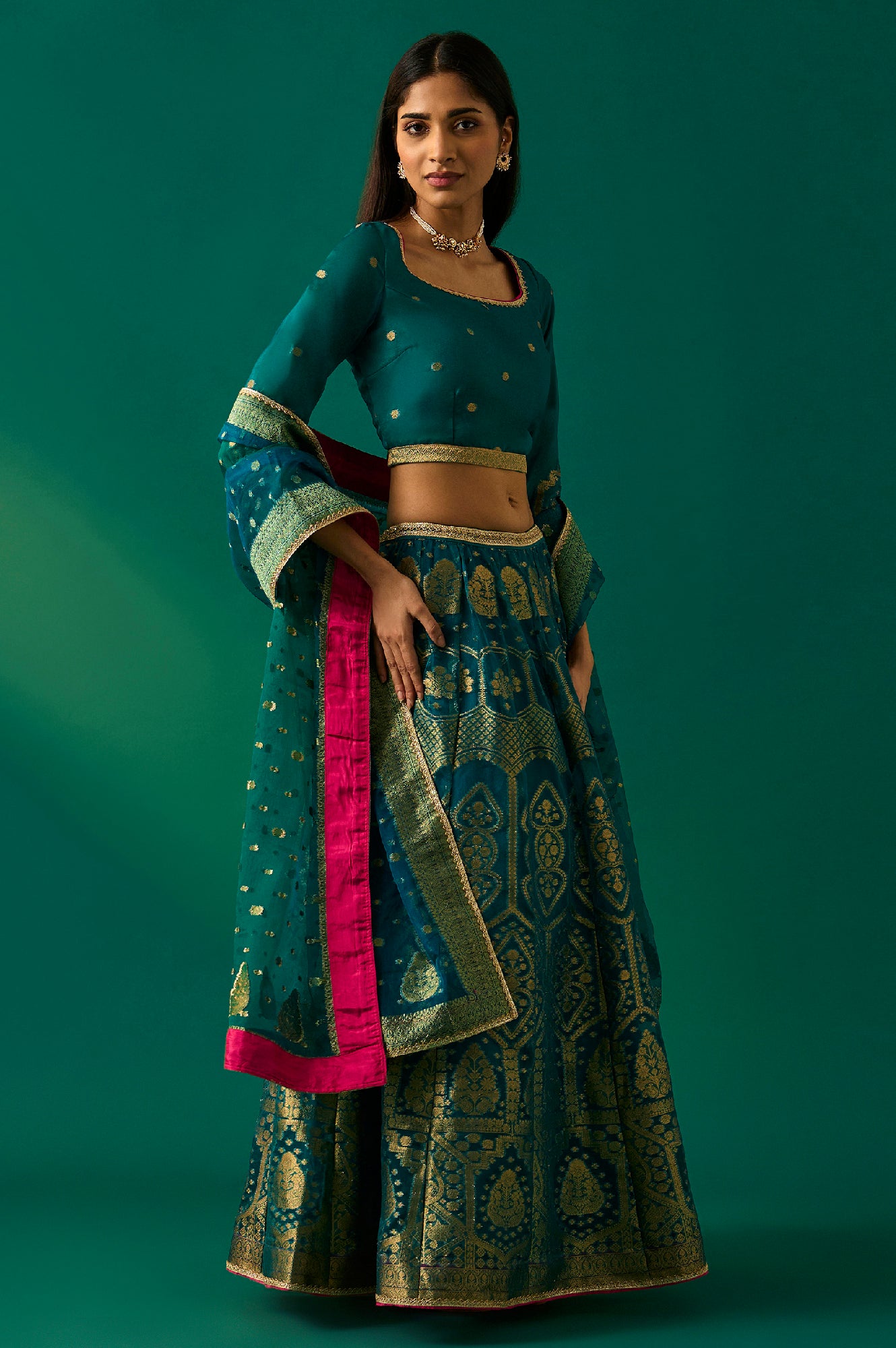 Green Embellished Fitted Organza Blouse with Skirt and Dupatta Set