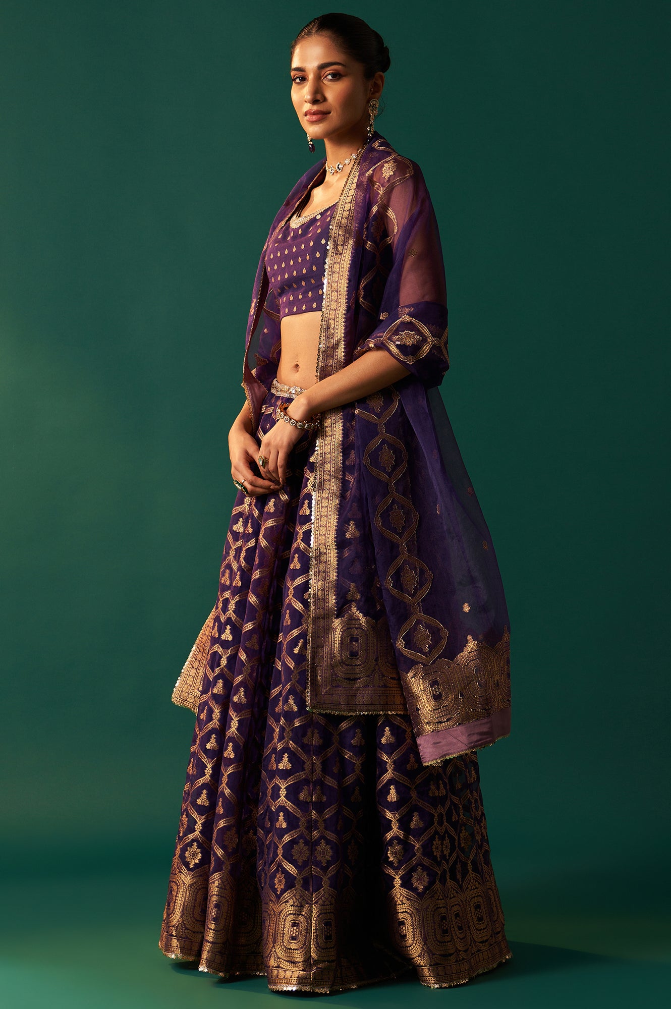 Purple Zari Embroidered Jacquard Blouse with Flared Skirt and Dupatta Set