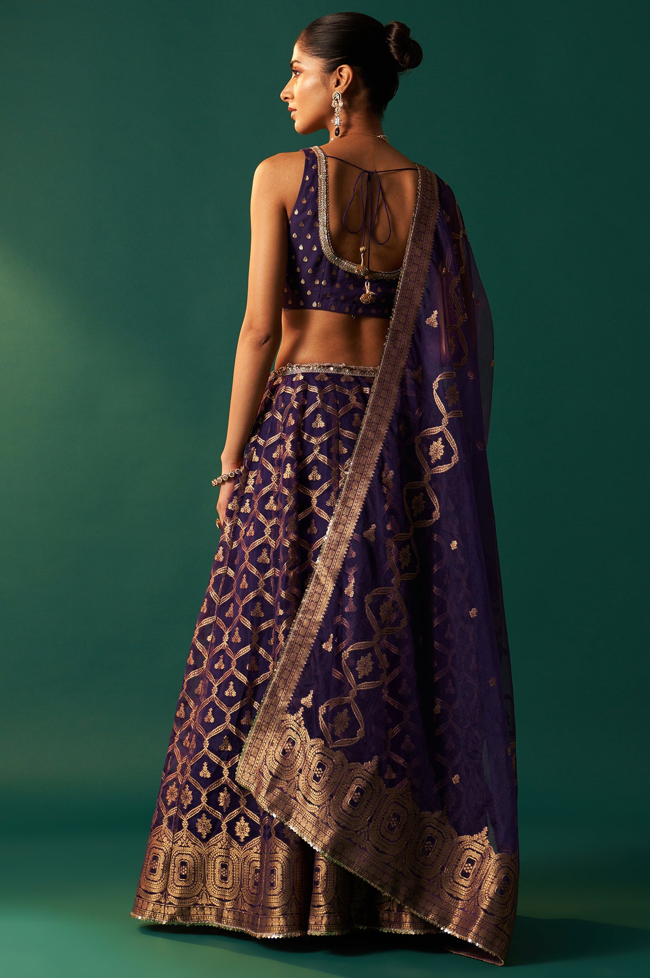 Purple Zari Embroidered Jacquard Blouse with Flared Skirt and Dupatta Set