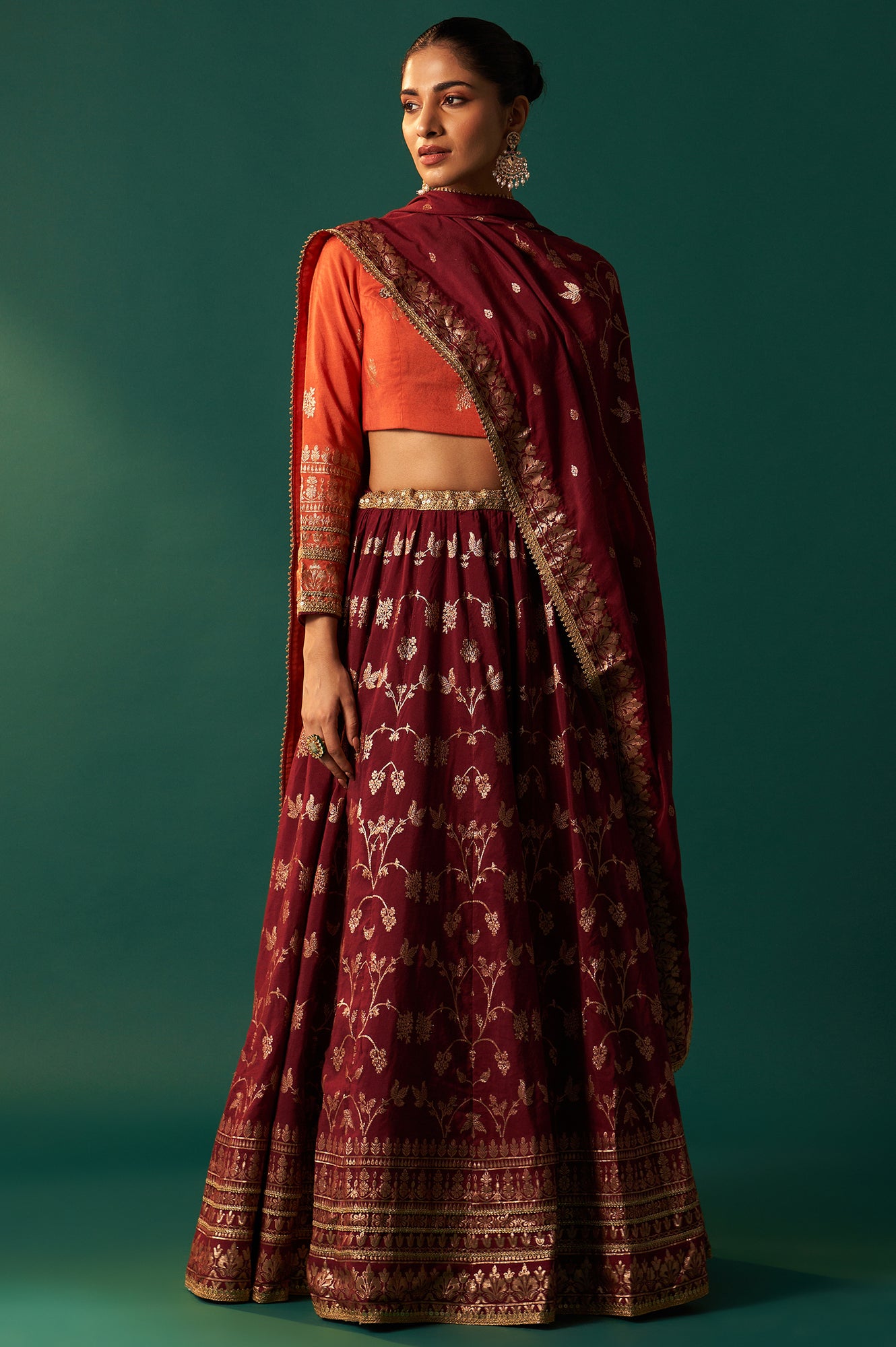Orange Zari Embroidered Jacquard Blouse with Flared Maroon Skirt and Dupatta Set