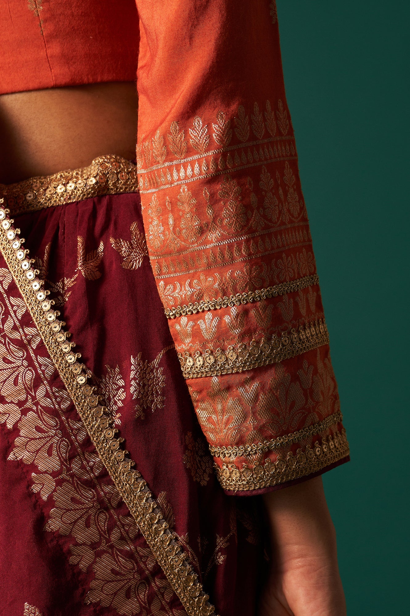 Orange Zari Embroidered Jacquard Blouse with Flared Maroon Skirt and Dupatta Set