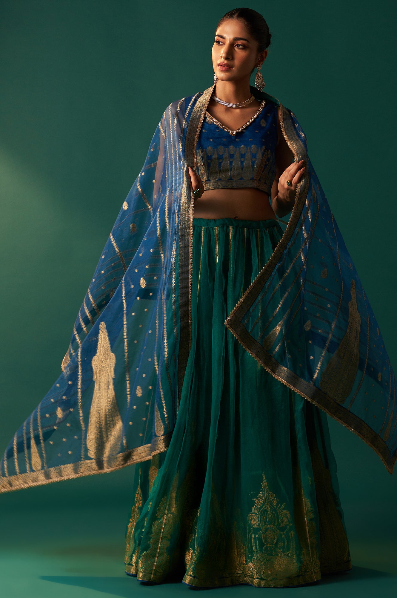 Blue Zari Embroidered Jacquard Blouse with Parrot Green Lehenga and Dupatta Set