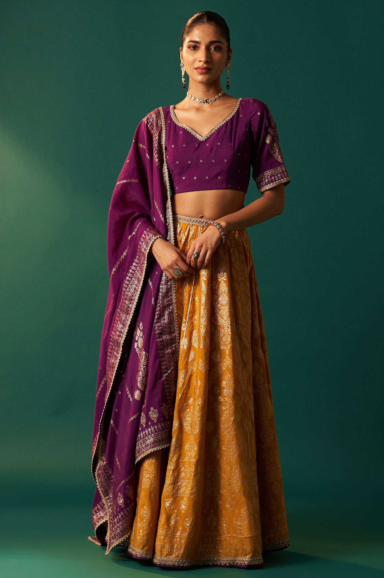 Purple Embroidered Chanderi Jacquard Blouse with Flared Skirt and Dupatta Set