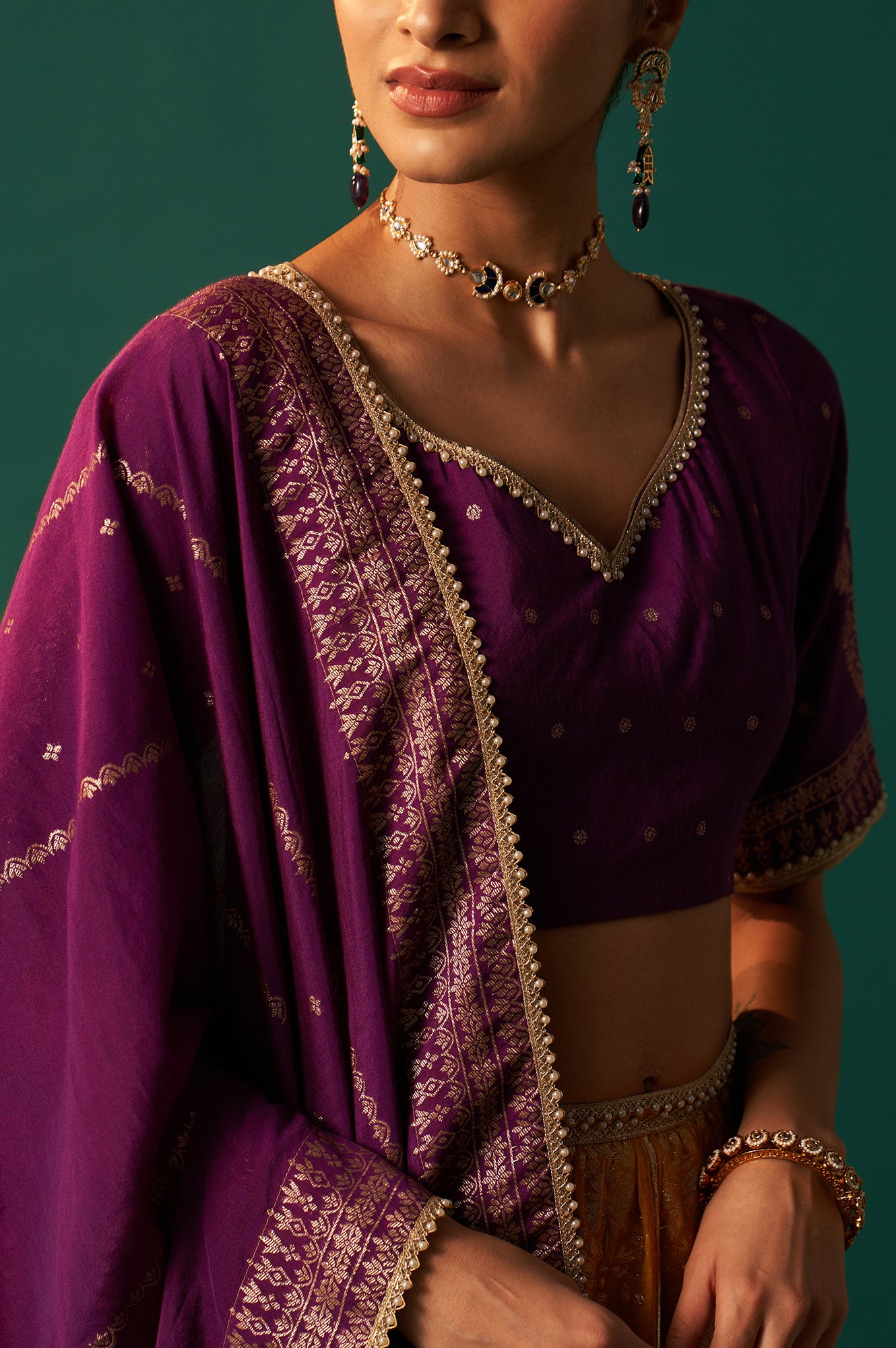 Purple Embroidered Chanderi Jacquard Blouse with Flared Skirt and Dupatta Set