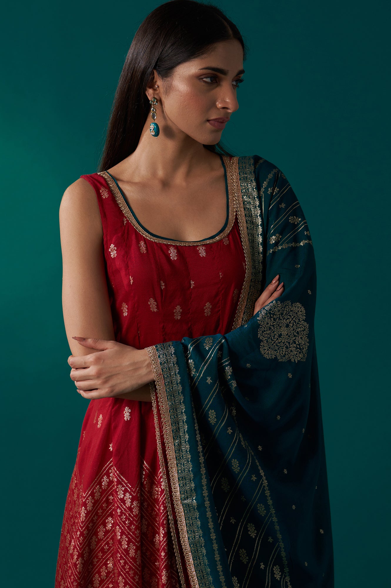 Red Zari Embroidered Jacquard Anarkali Sleeveless Kurta with Churidar and Dupatta Set