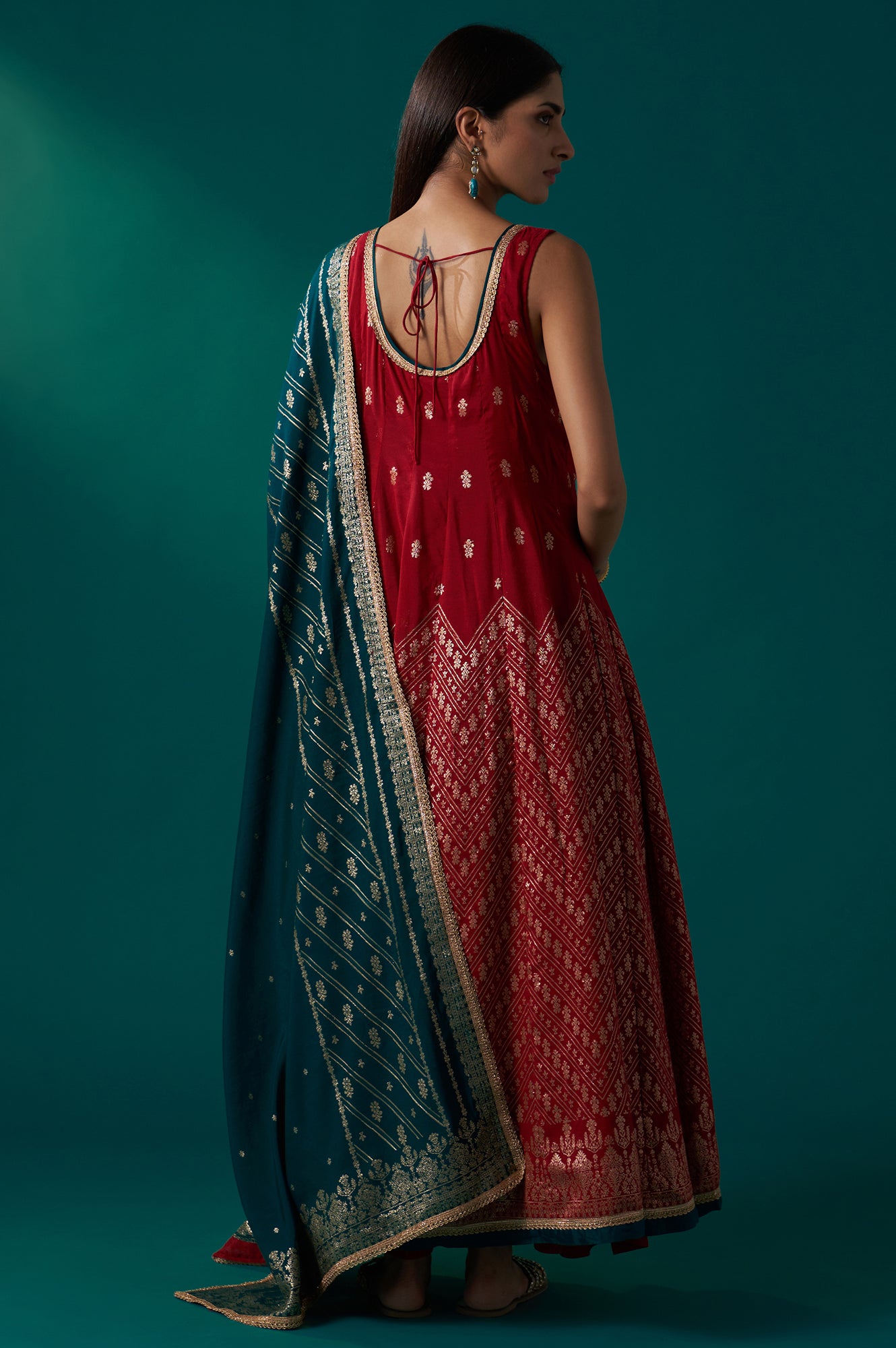 Red Zari Embroidered Jacquard Anarkali Sleeveless Kurta with Churidar and Dupatta Set