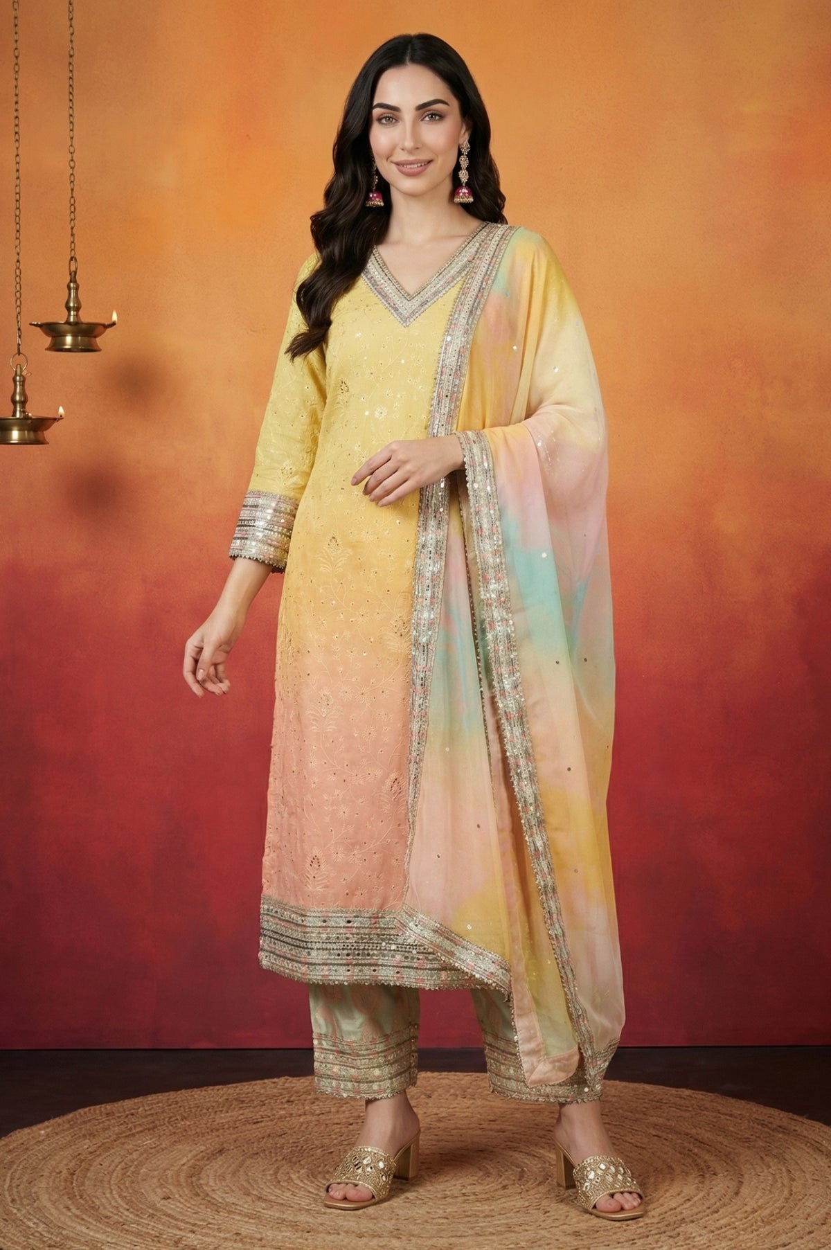 Yellow Ombre Thread Embroidered Georgette Straight Kurta with and Dupatta Set