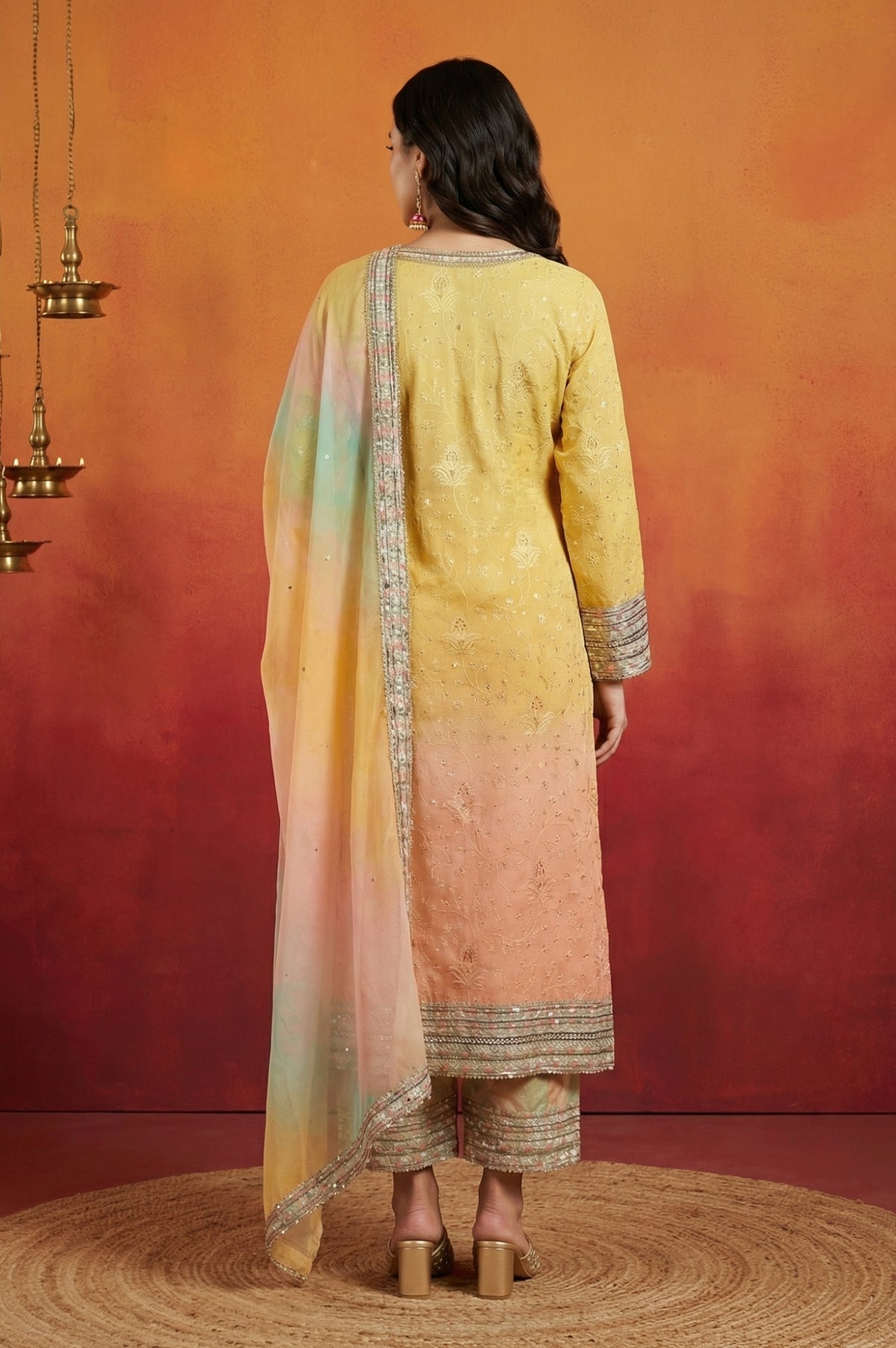 Yellow Ombre Thread Embroidered Georgette Straight Kurta with and Dupatta Set