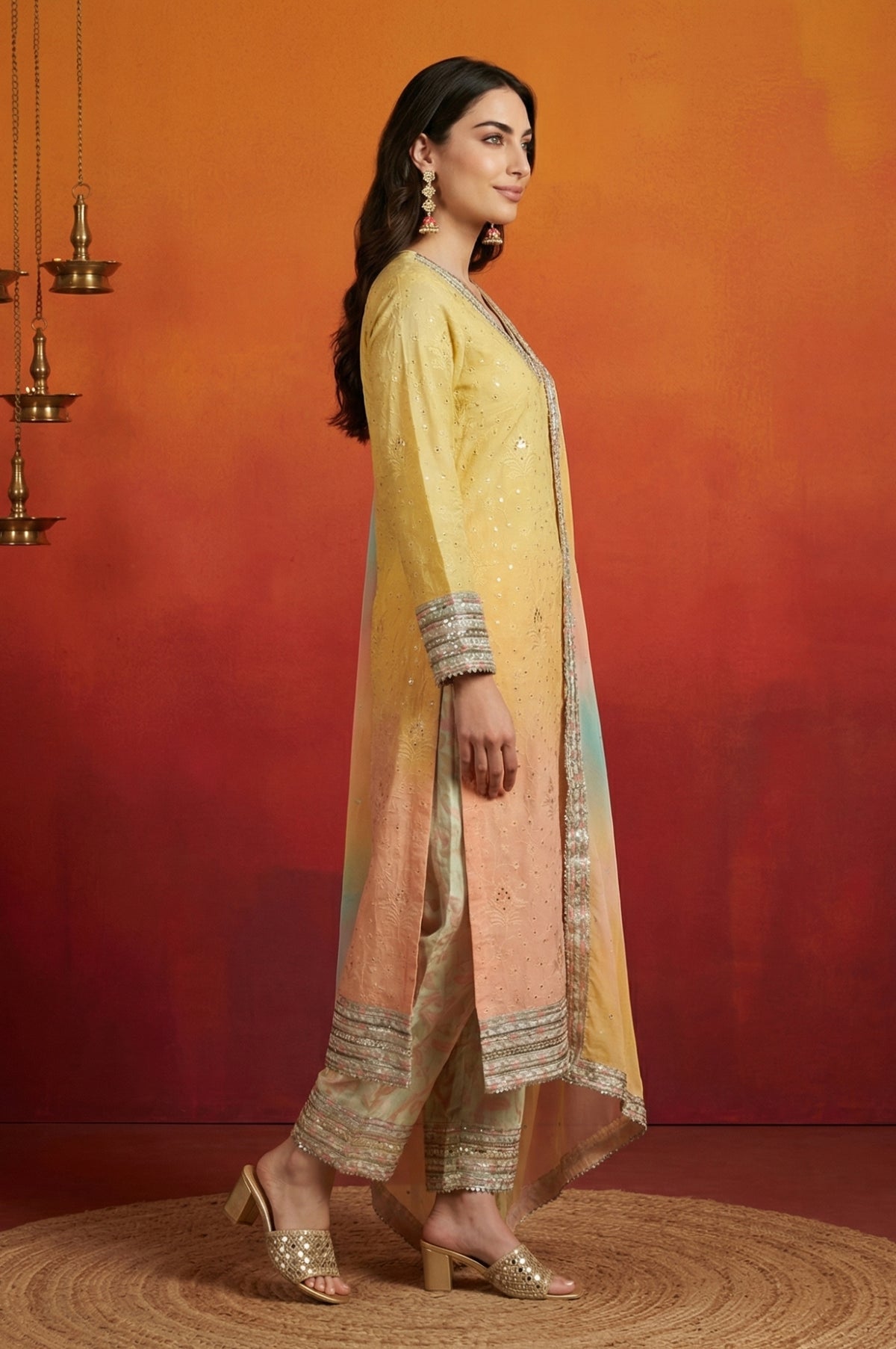 Yellow Ombre Thread Embroidered Georgette Straight Kurta with and Dupatta Set