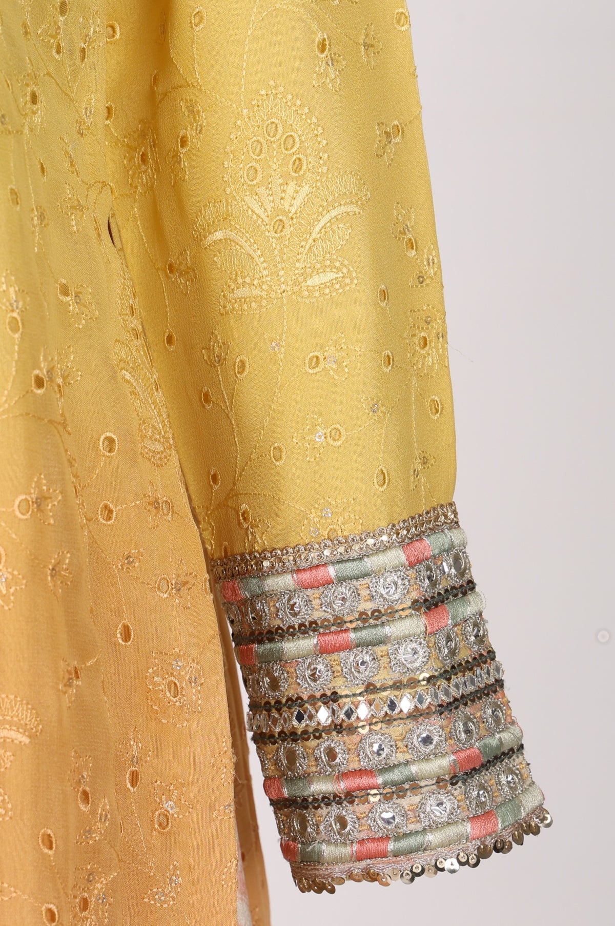 Yellow Ombre Thread Embroidered Georgette Straight Kurta with and Dupatta Set