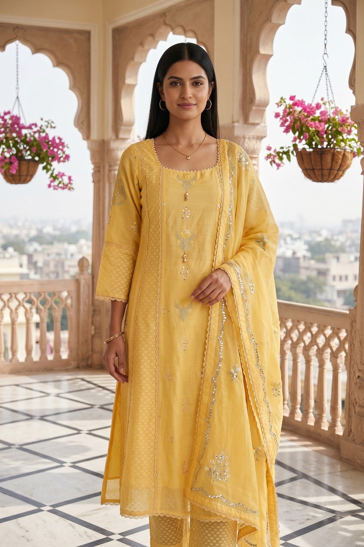 Yellow Sequins Embroidered Cotton Chanderi Straight Kurta with Straight Pants and Dupatta Set
