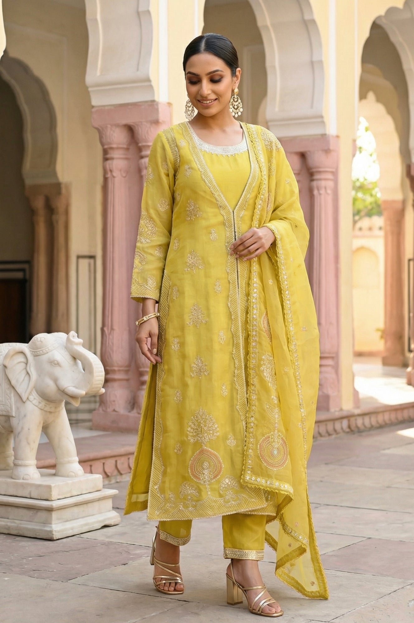 Yellow Sequins Thread Embroidered Georgette Straight Dress with Pants, Dupatta and Jacket Set