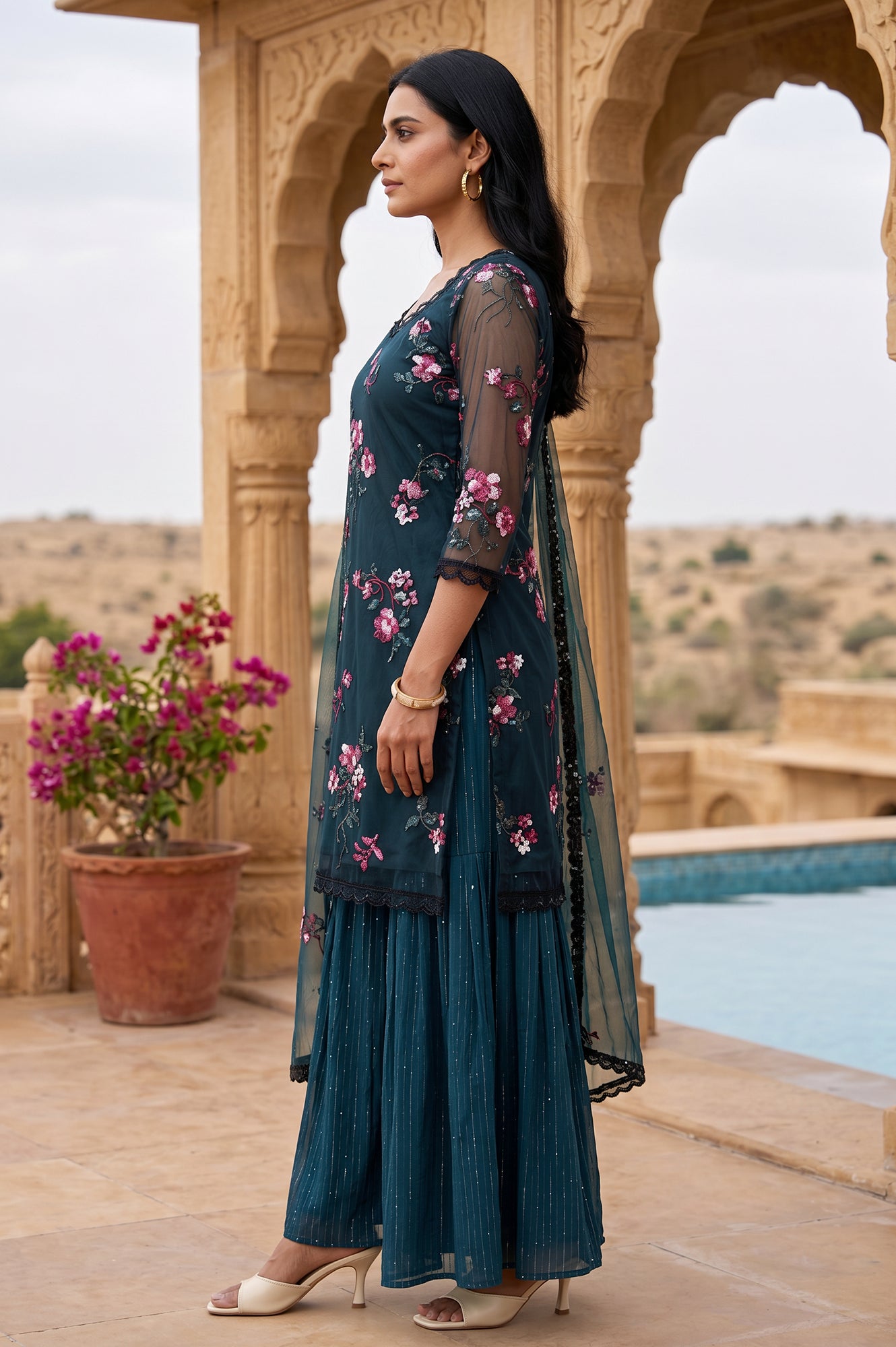 Teal Embroidered Straight Mesh Kurta With Culottes and Dupatta Set