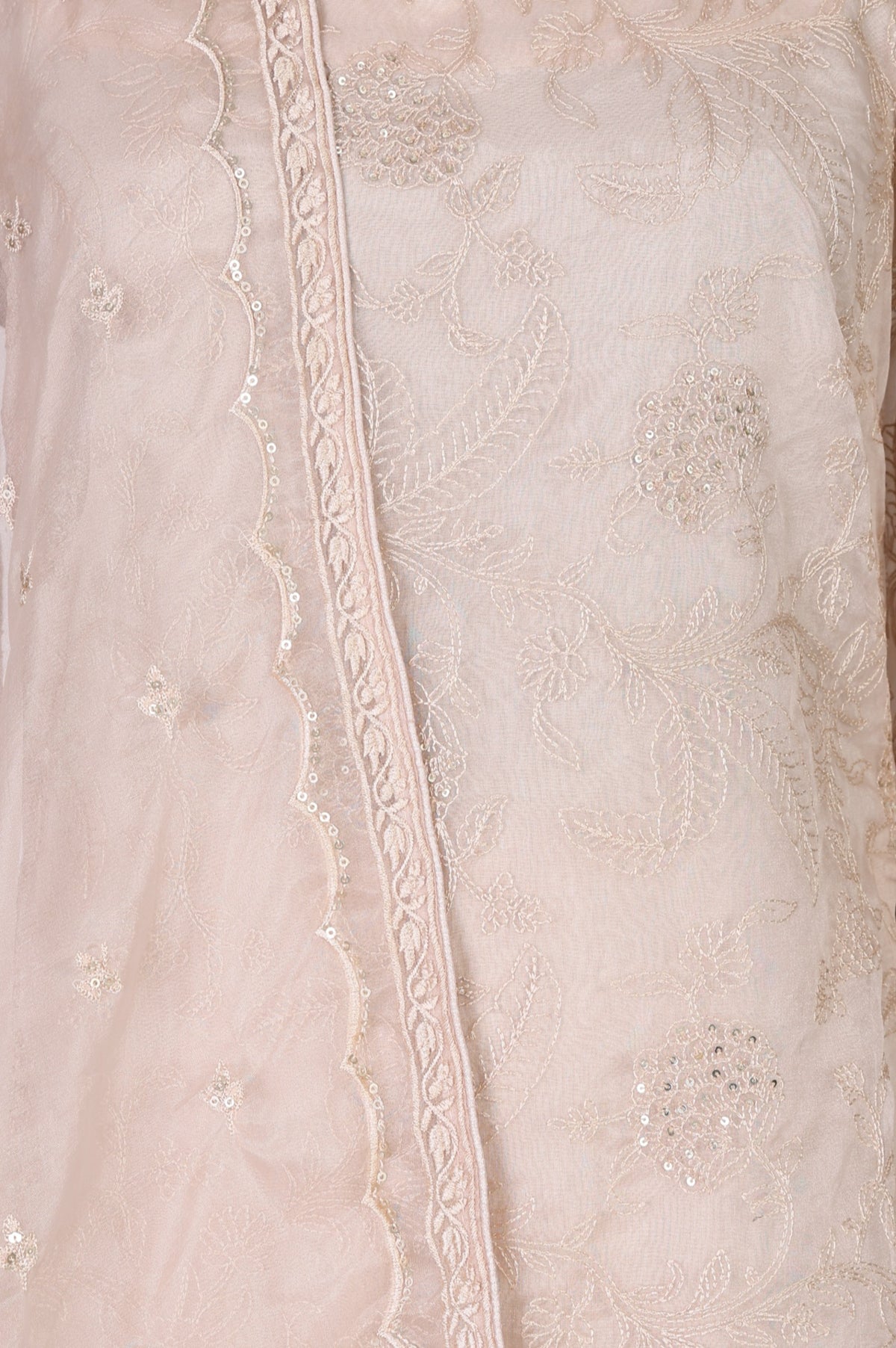 Beige Embroidered Organza Straight Kurta with Parallel Pants and Dupatta Set