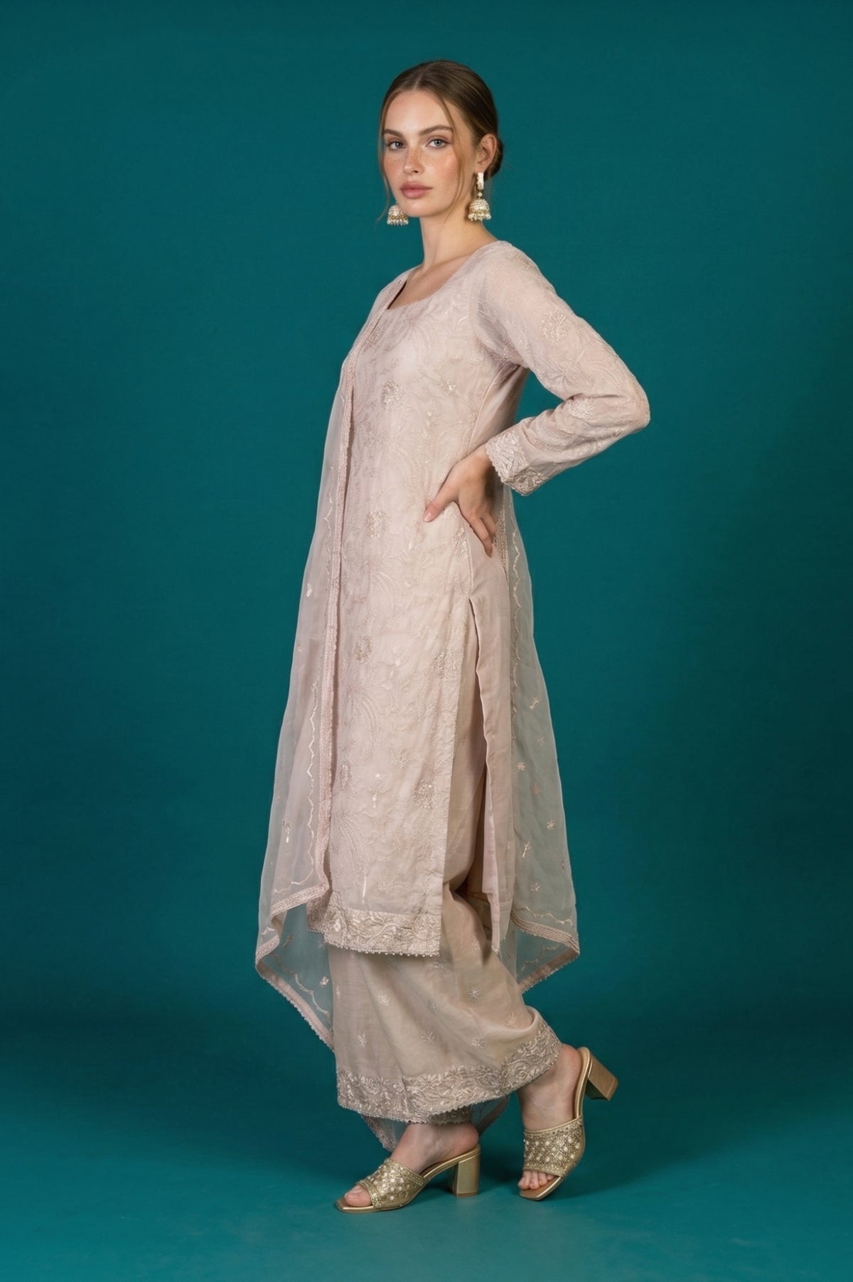 Beige Embroidered Organza Straight Kurta with Parallel Pants and Dupatta Set