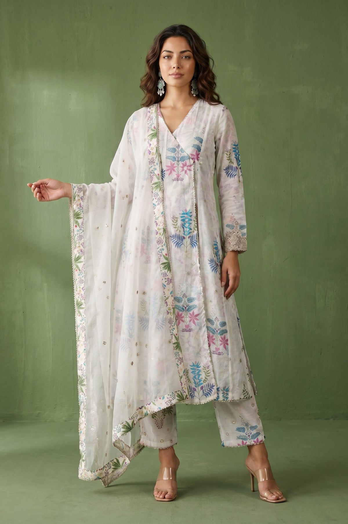 White Floral Printed Chanderi Angrakha Kurta with Pants and Dupatta Set