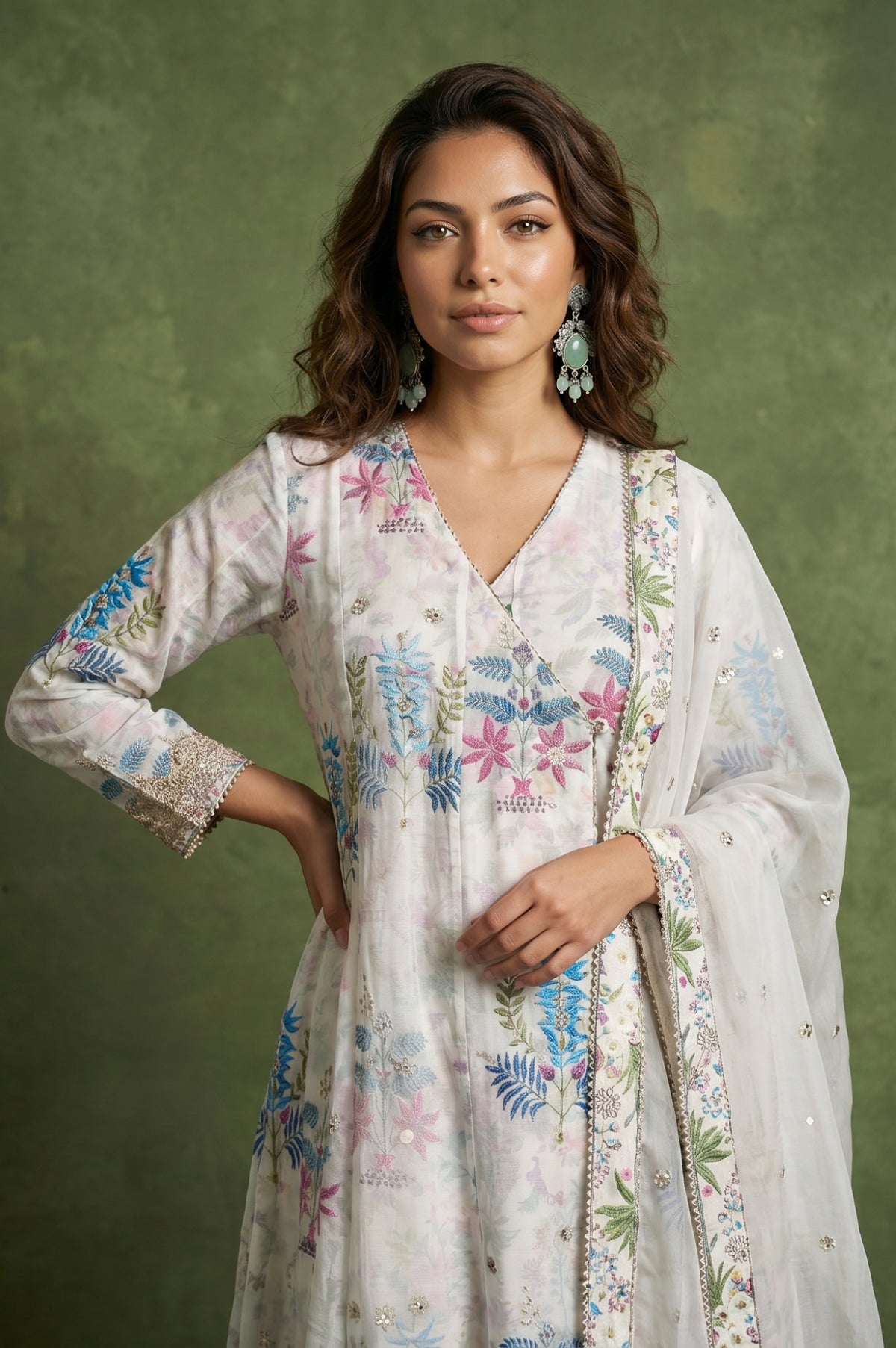White Floral Printed Chanderi Angrakha Kurta with Pants and Dupatta Set