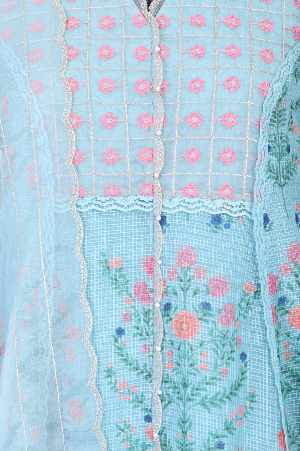 Turquoise Blue Floral Printed Lace Cotton Anarkali Kurta with Pants and Dupatta Set test