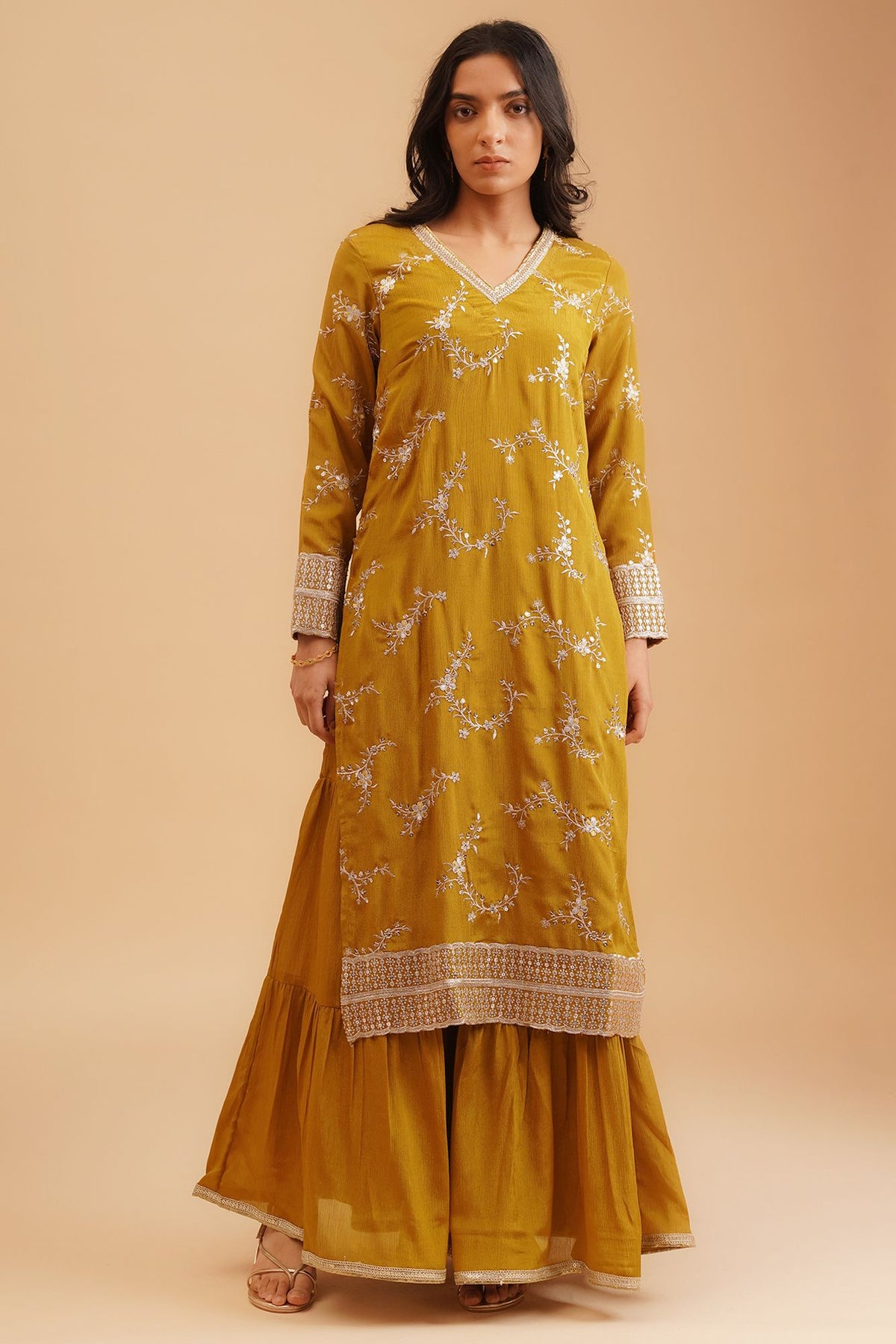 Mustard Sequins Thread Embroidered Chinon Straight Kurta with Sharara and Dupatta Set