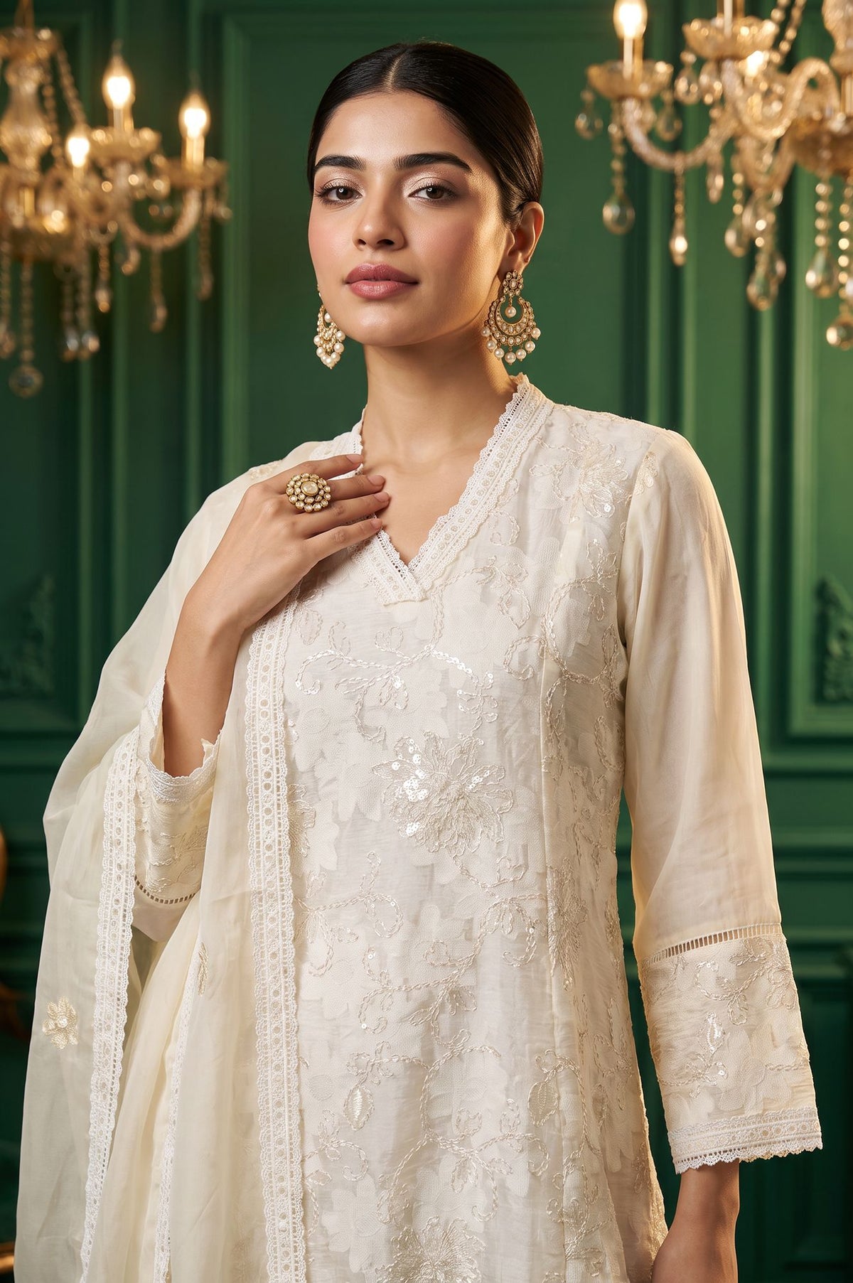 Wishful Off White Thread Embroidered Lace Jacquard Straight Kurta with Straight Pant and Dupatta Set