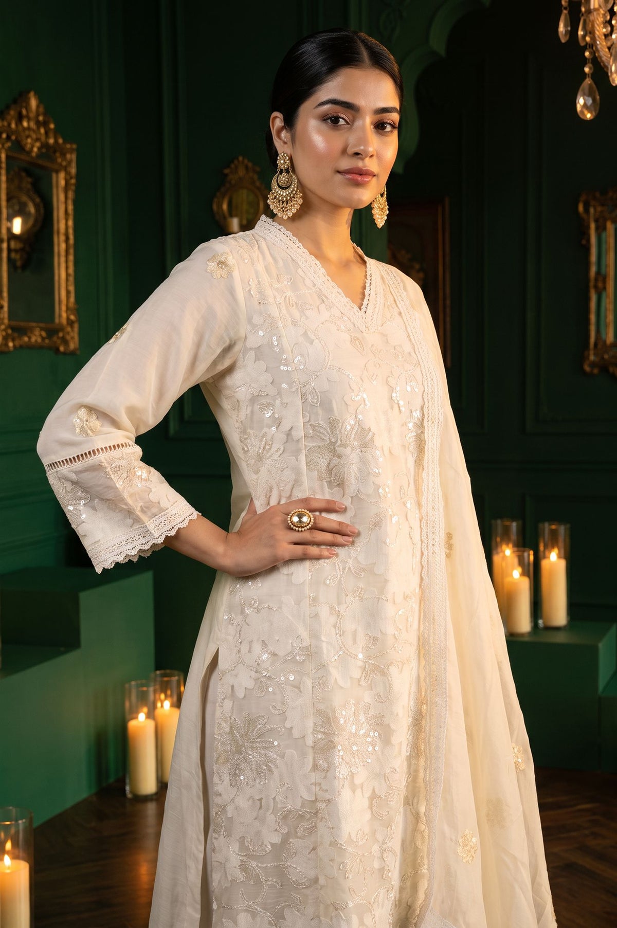 Wishful Off White Thread Embroidered Lace Jacquard Straight Kurta with Straight Pant and Dupatta Set